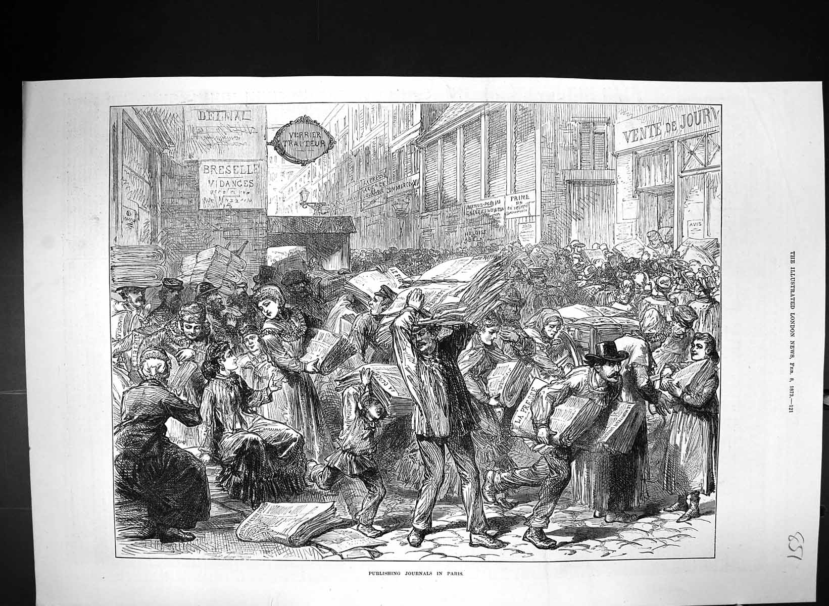 Original Old Antique Print 1873 Street Scene Publishing Journals Paris France