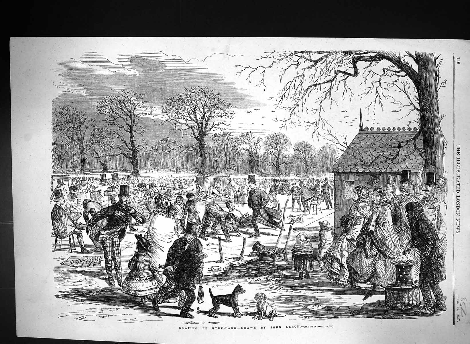 Old 1857 Ice Skating Hyde Park London Winter Amusements John Leech Ol Victorian