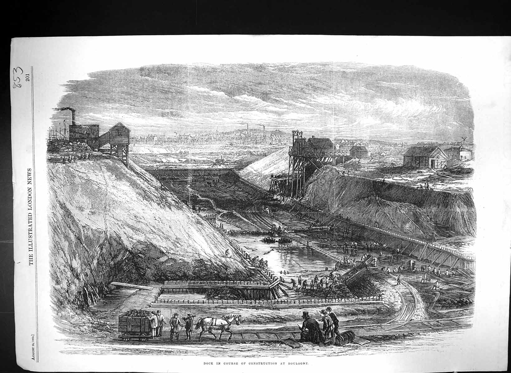 Antique Old Print 1862 Dock Building Construction Boulogne France Engineering