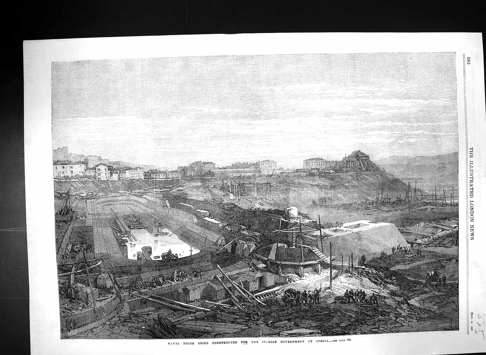 Old Print 1867 Naval Docks Building Constructed Italian Government Spezia 19th