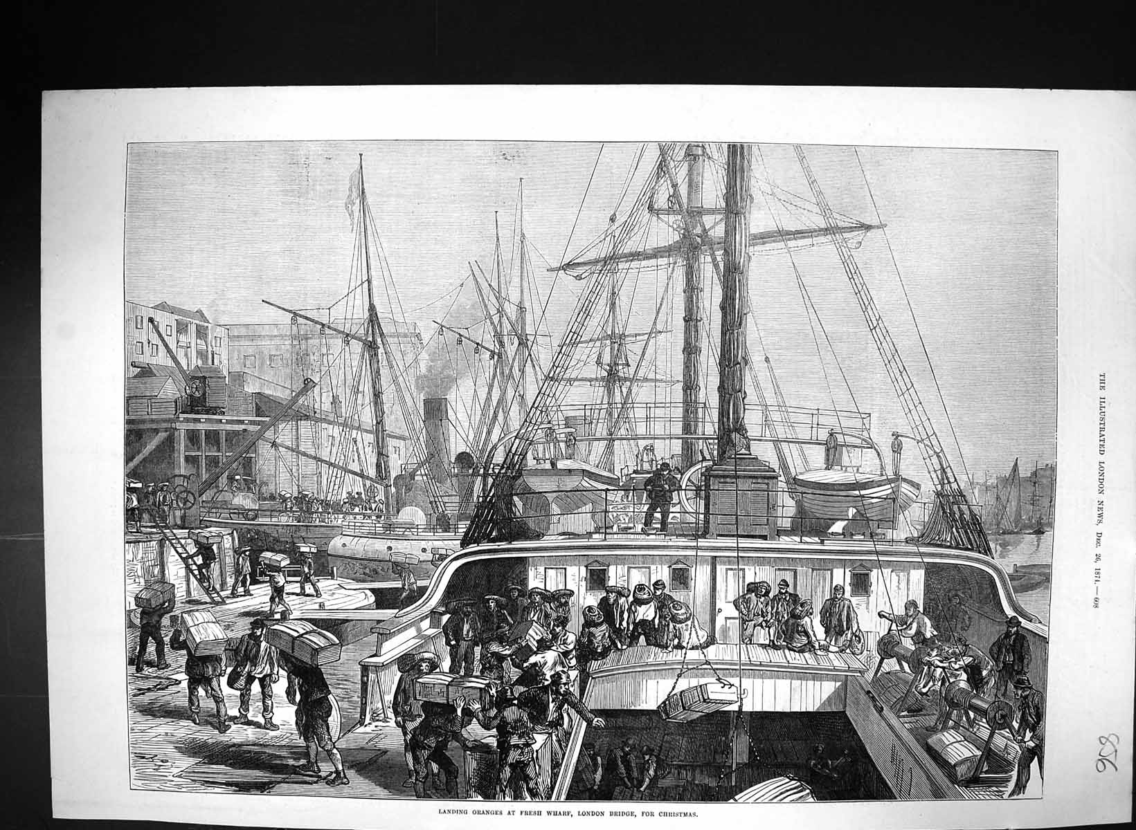 Old 1874 Scene Landing Oranges Fresh Wharf London Bridge Ships River Victorian