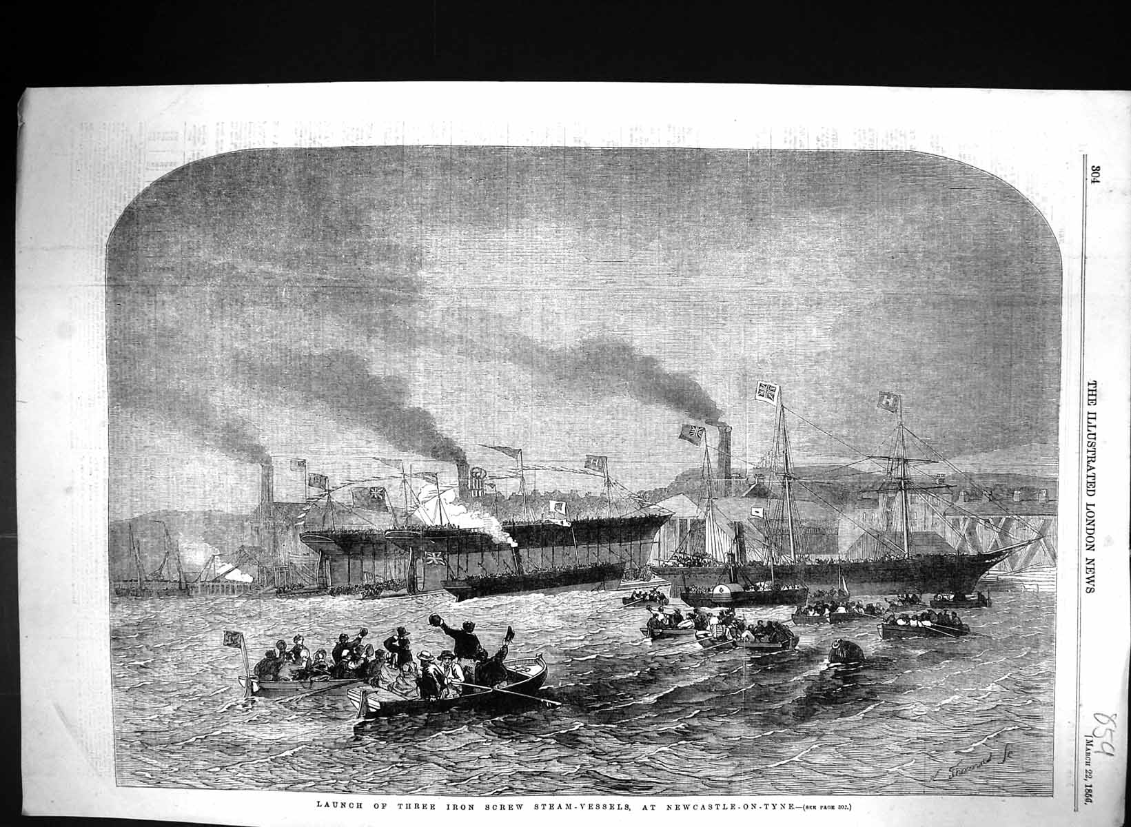 Antique Print 1856 Launch Iron Screw Ships Steam-Vessels Newcastle-On-Tyne 19th