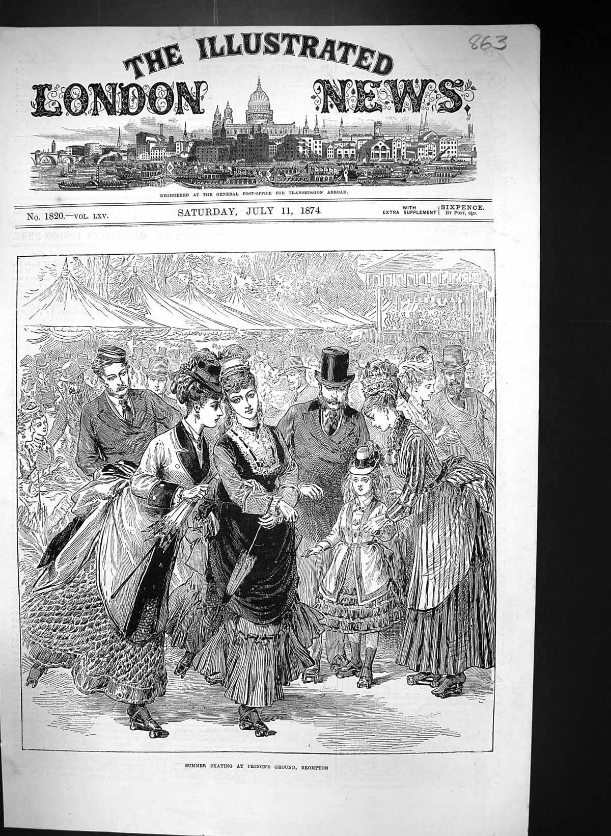 Old Antique Print 1874 Summer Skating Prince'S Ground Brompton Amusements 19th