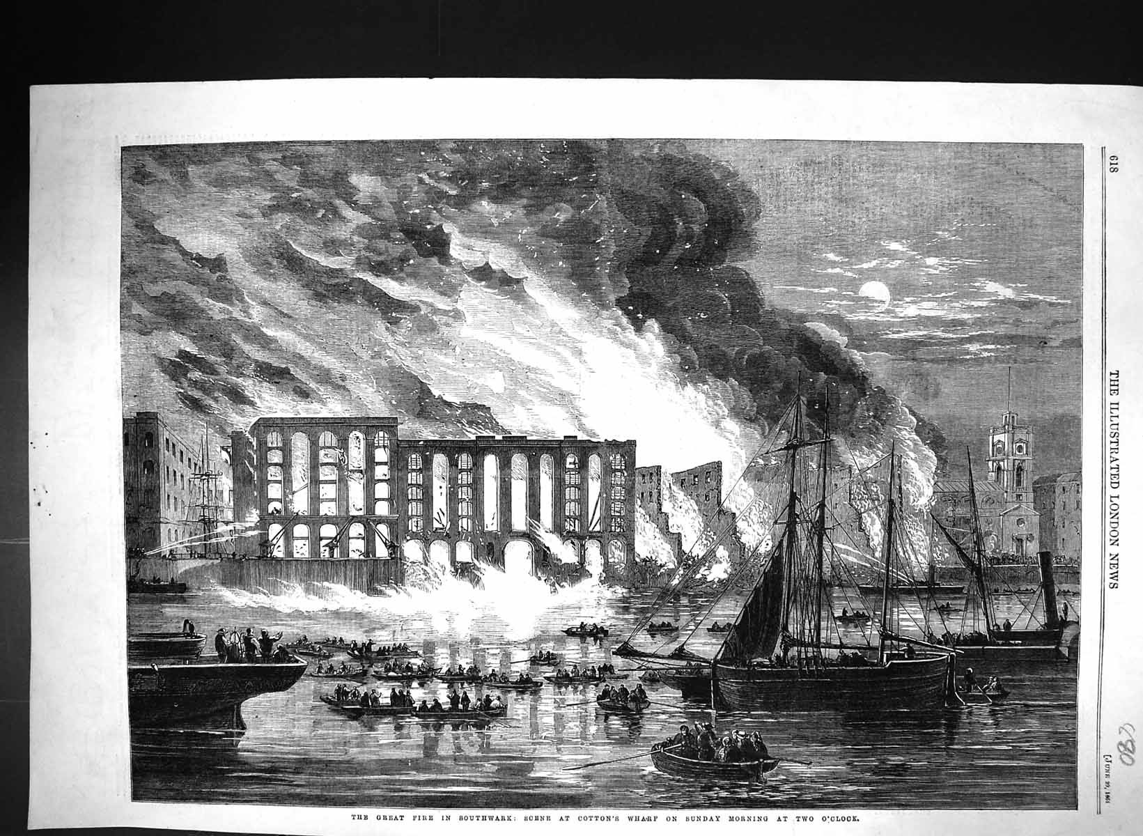 Antique Old Print 1861 Great Fire Southwark Scene Cotton'S Wharf Ships Boats
