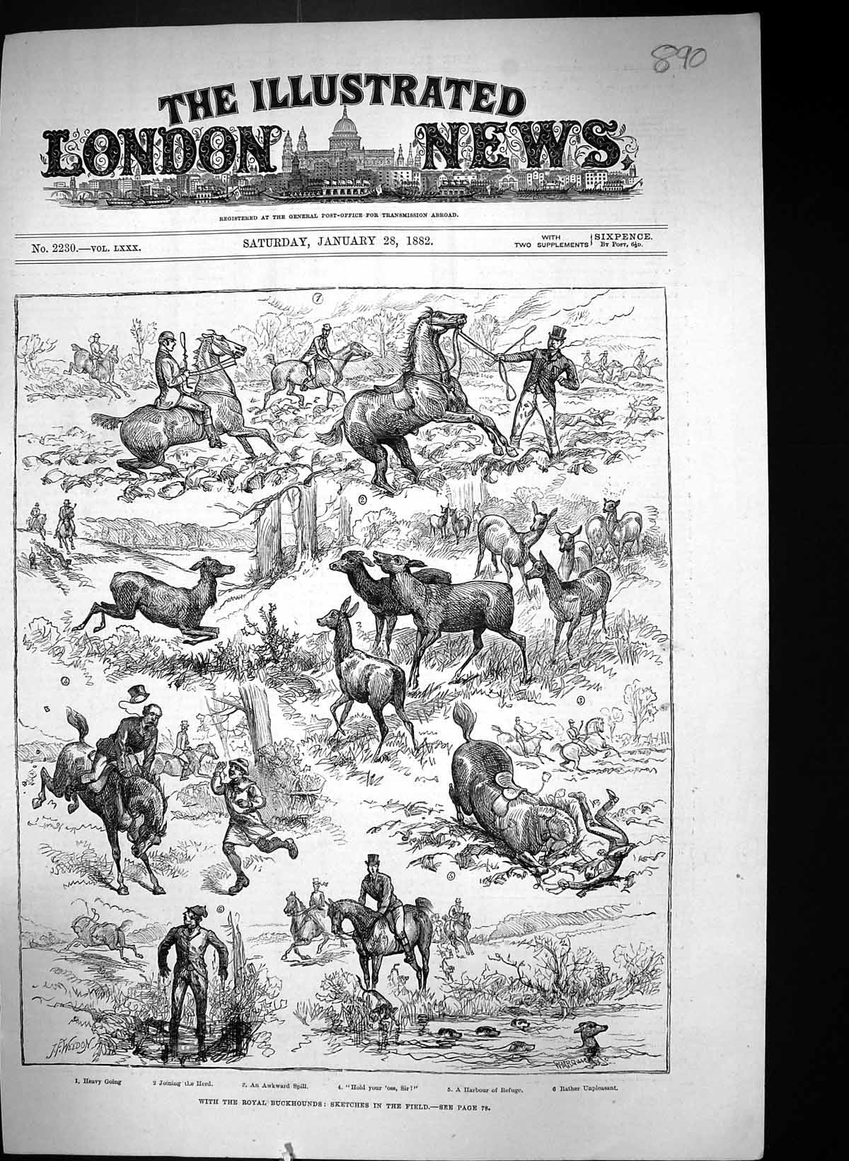 Original Old Antique Print 1882 Royal Buckhounds Hunting Horses Stag Deer Sport
