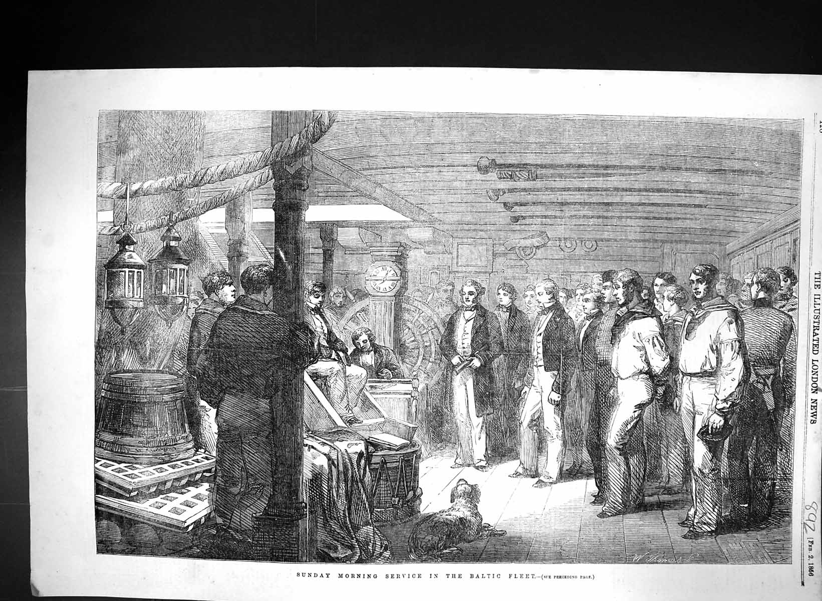 Original Old Antique Print 1856 Sunday Morning Service Baltic Fleet Ships 19th