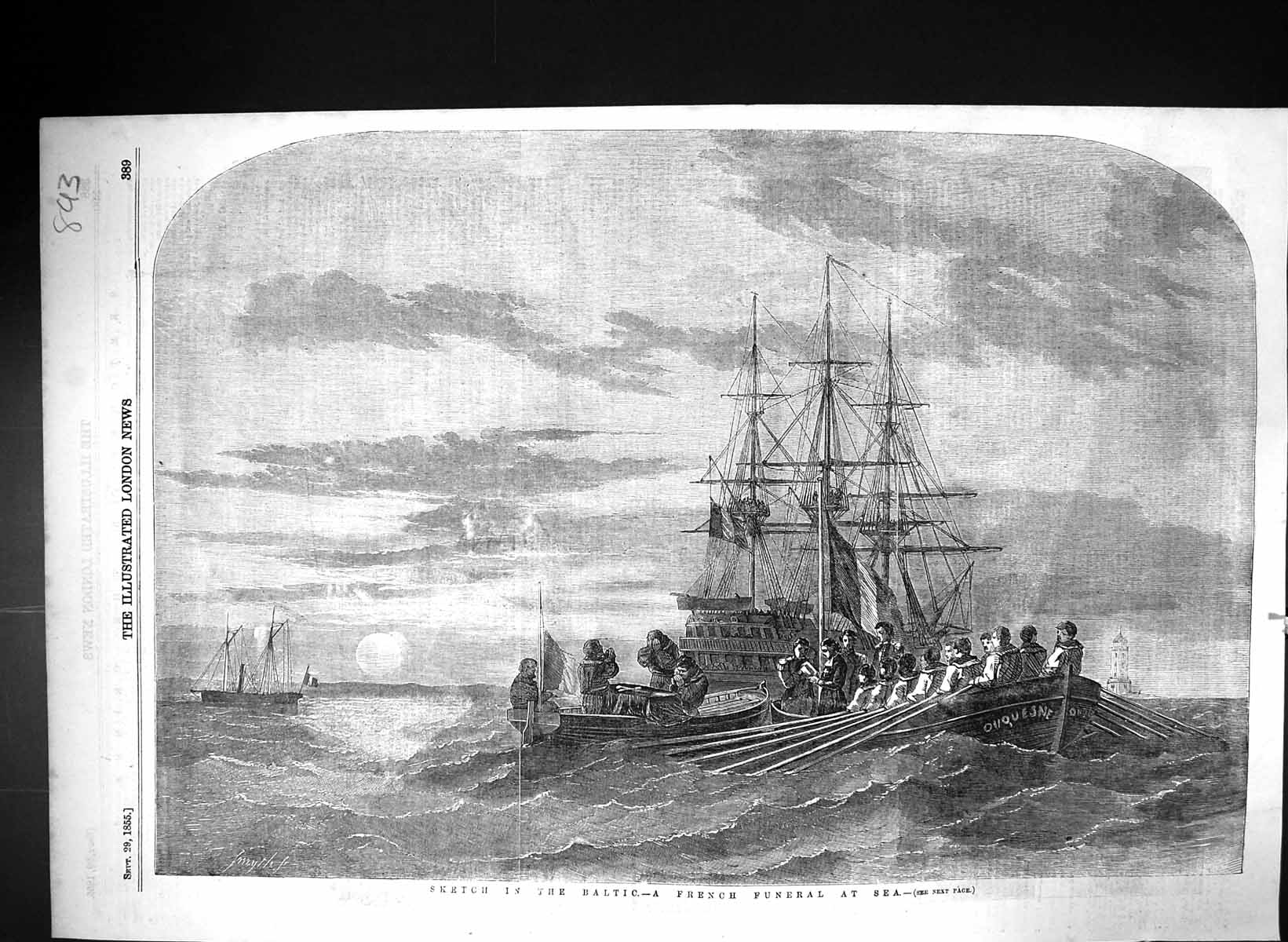 Antique Old Print 1855 Sketch Baltic Sea French Funeral Ship Boat Moonlight