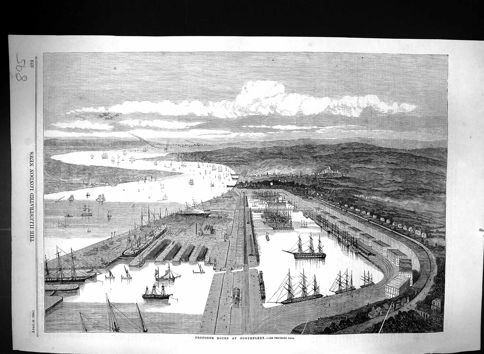 Original Old Antique Print 1859 Proposed Docks Northfleet Ships Harbour 19th