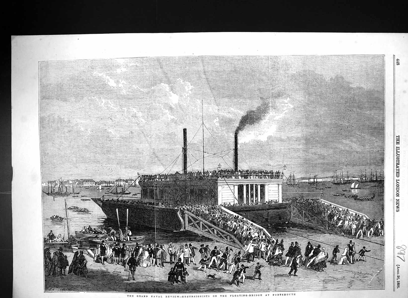 Old 1856 Grand Naval Review Excursionists Floating Bridge Portsmouth Victorian