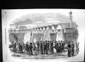 Original Old Antique Print 1856 Grand Naval Review Excursionists Hard Pier Huts