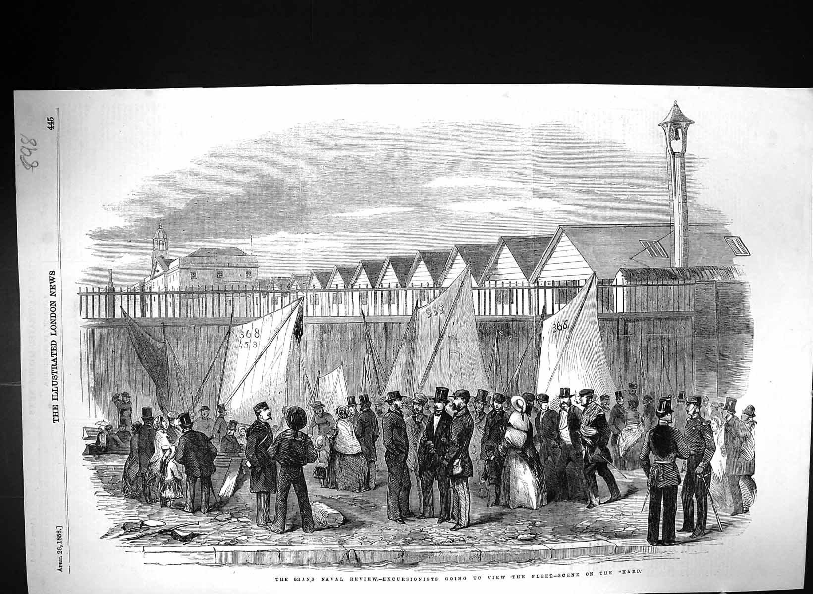 Original Old Antique Print 1856 Grand Naval Review Excursionists Hard Pier Huts