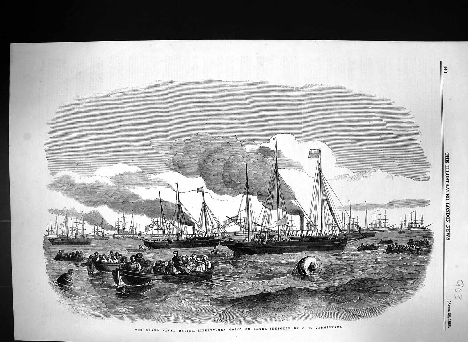 Original Old Antique Print 1856 Grand Naval Review Liberty Men Ships Boats 19th