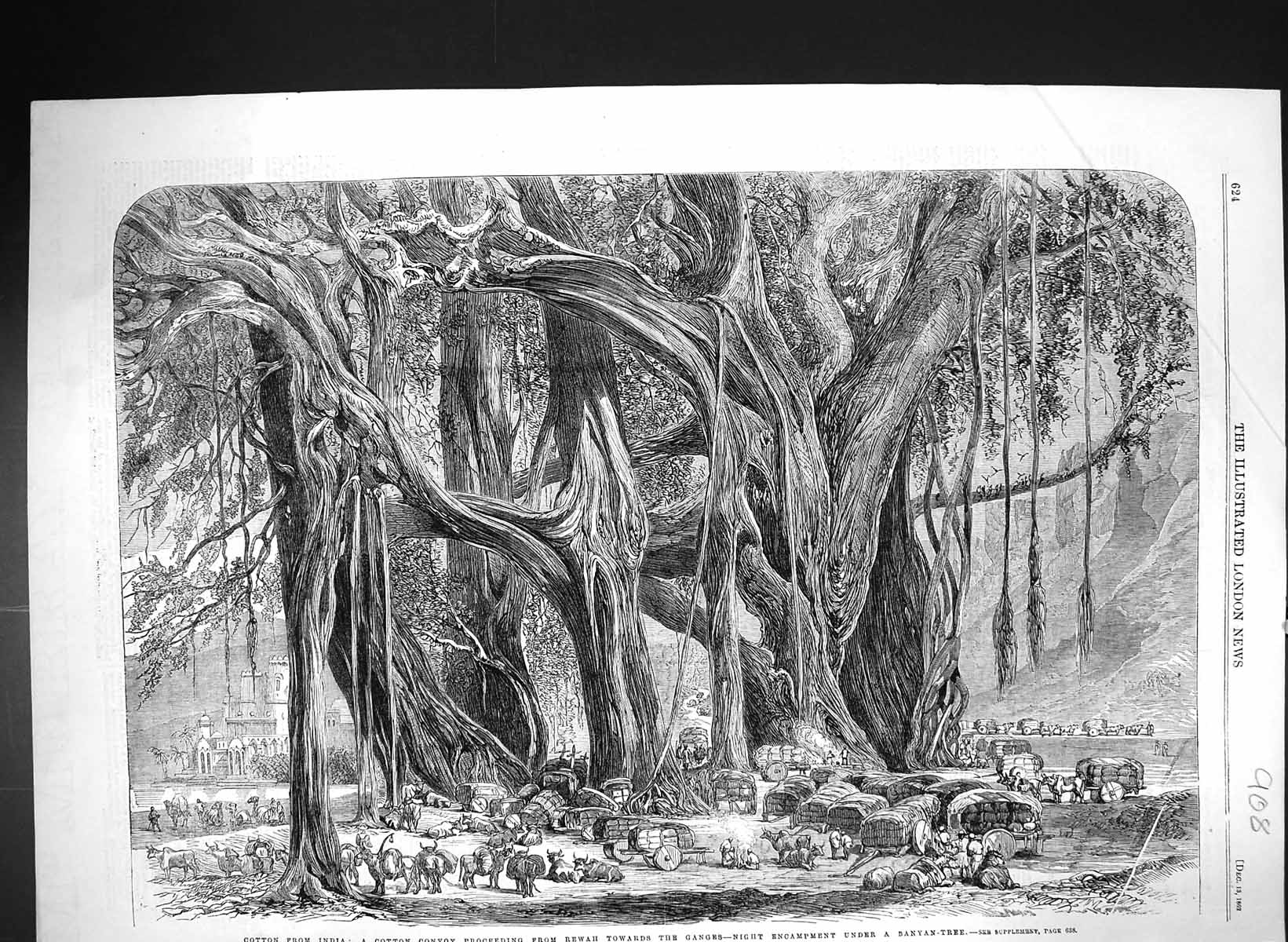 Old 1862 Cotton India Convoy Rewah Ganges Night Encampment Banyan Tre Victorian