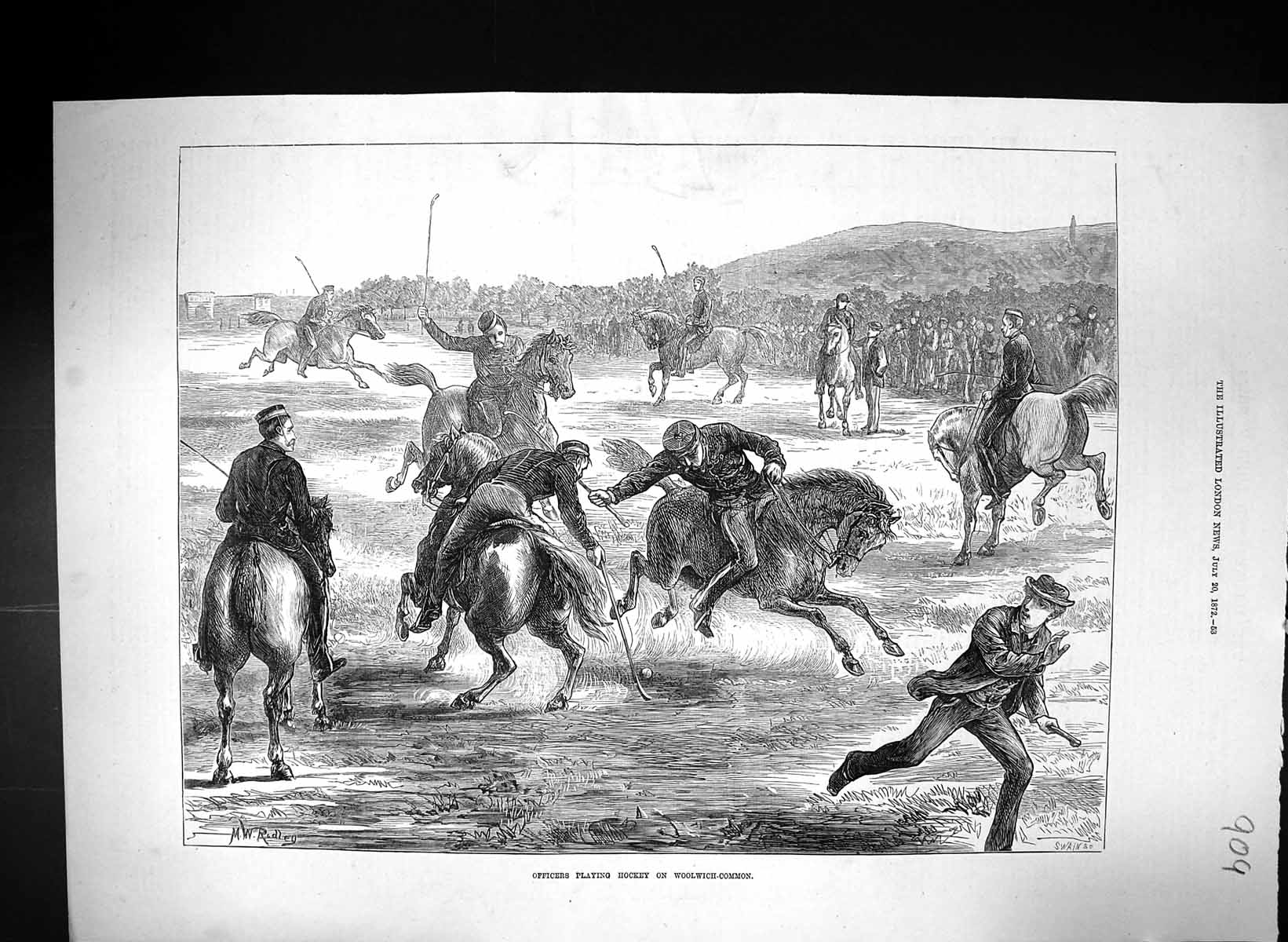 Antique Print 1872 War Officers Playing Hockey Woolwich Common Sport Horses