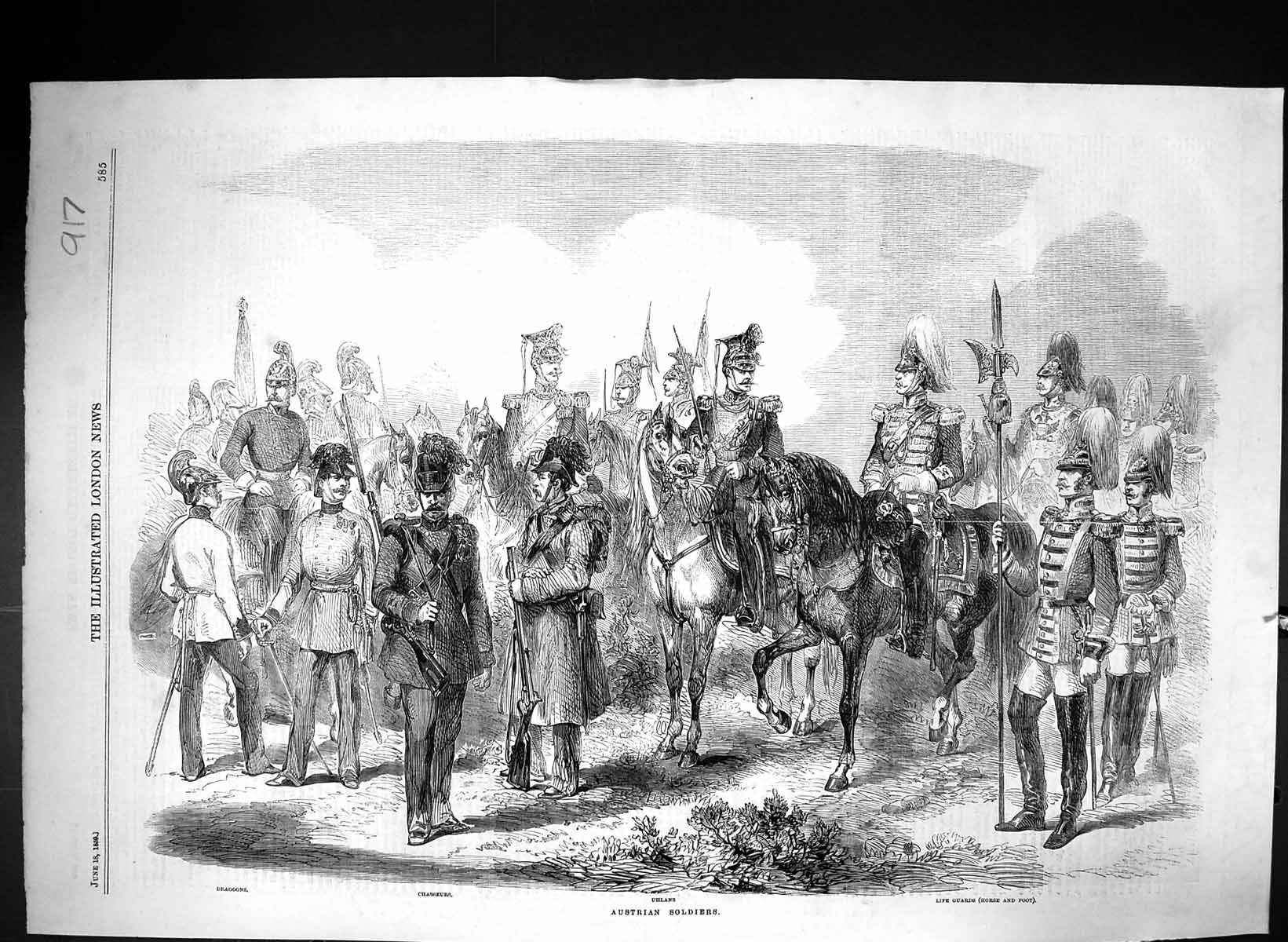 Old Print 1859 Austrian Siers Dragoons Chasseurs Uhlans Life Guards Hors 19th