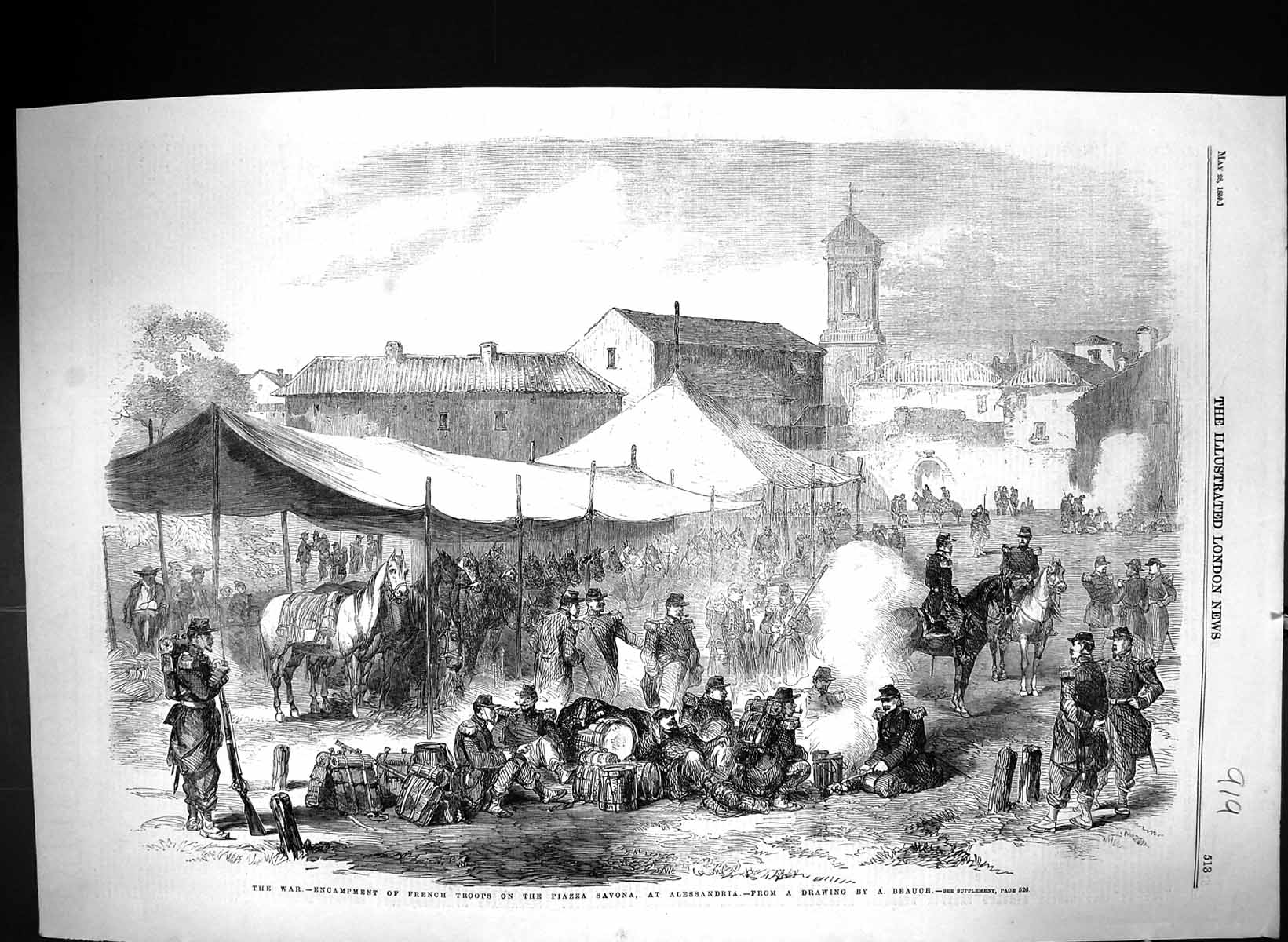 Old Print 1859 War Encampment French Troops Piazza Savona Alessandria Si 19th