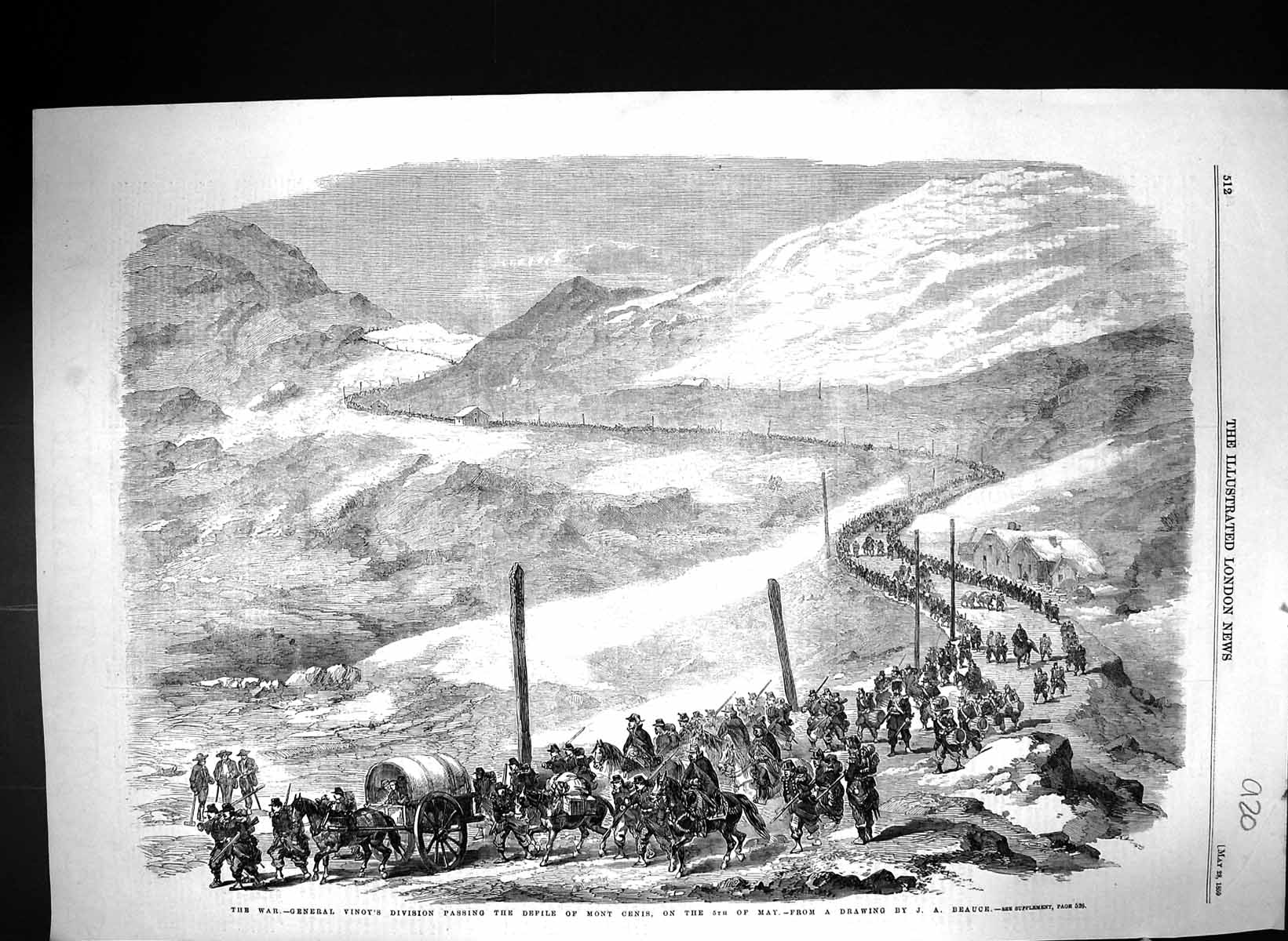 Old Print 1859 War General Vinoy Defile Mont Cenis Siers War Mountains B 19th