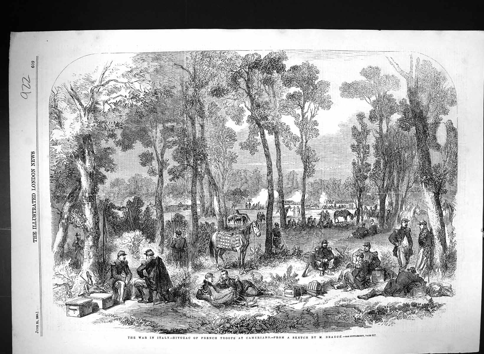 Antique Print 1859 War Italy Bivouac French Siers Cameriano Horses Beauce 19th