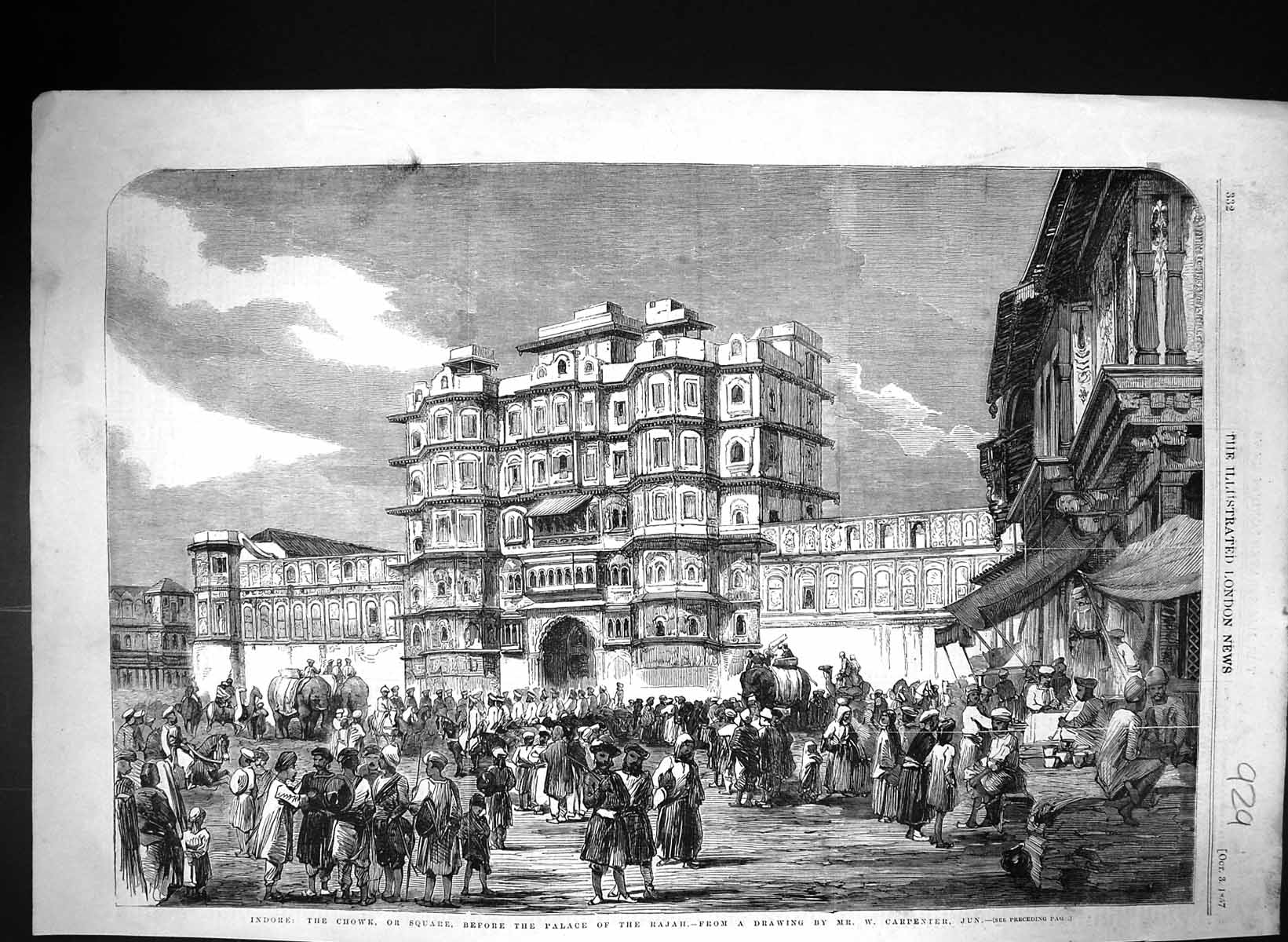 Old 1857 Indore Chowk Square Palace Rajah India Elephants Carpenter F Victorian
