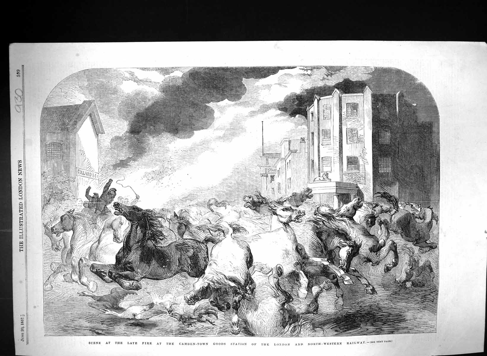 Old 1857 Scene Fire Camden Town Station London North-Western Railway Victorian
