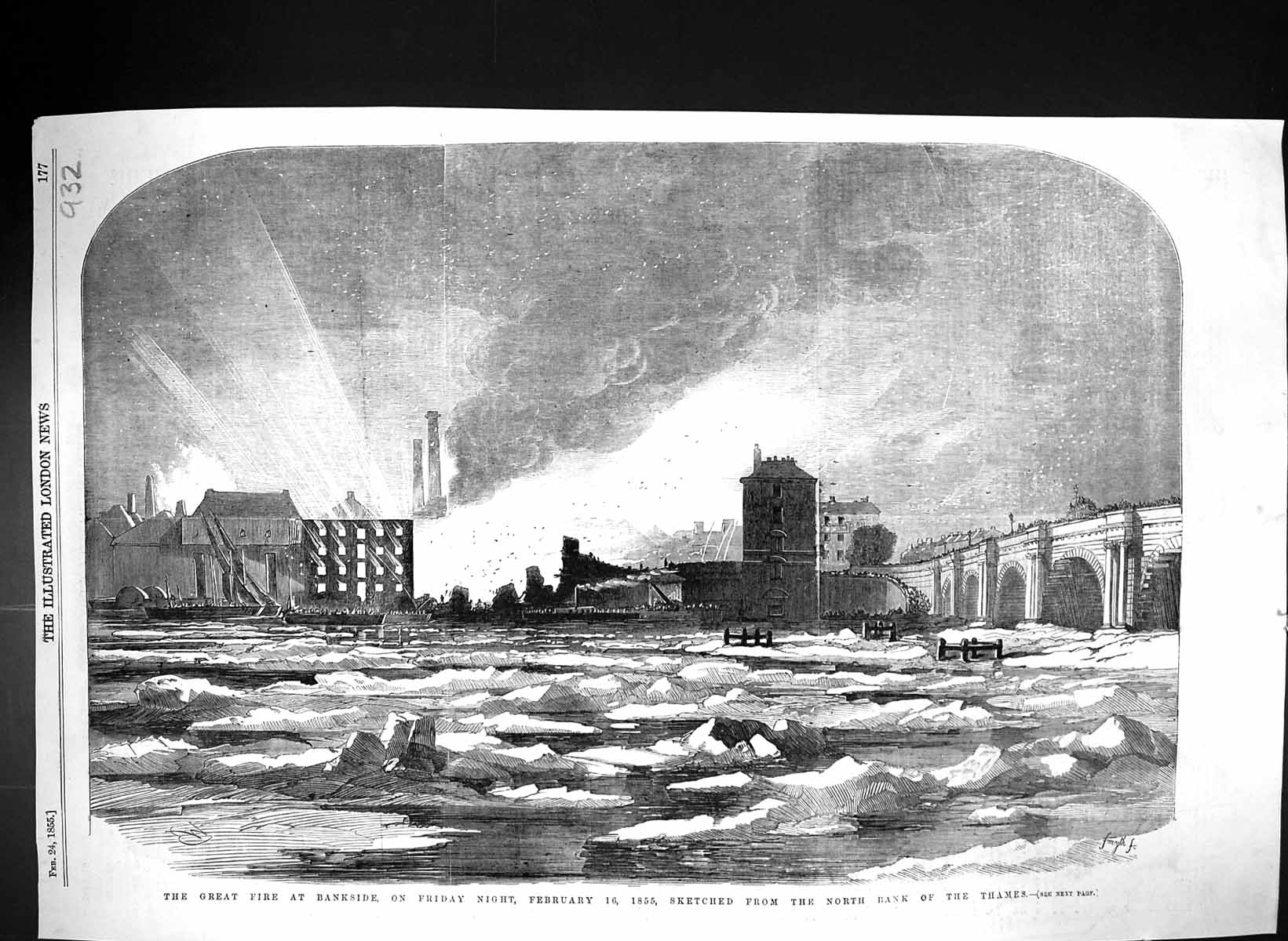 Original Old Antique Print 1855 Fire Bankside London River Thames North Bank