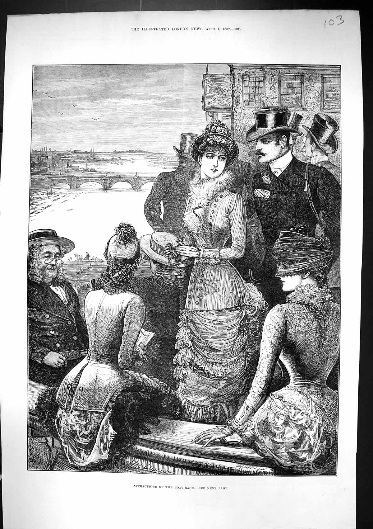 Antique Old Print 1882 Ludlow Boat Race Ladies Oxford Cambridge River Thames