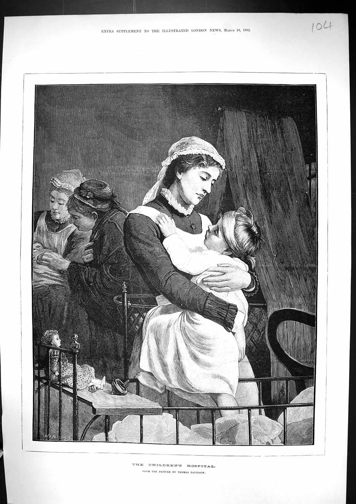 Old Print 1882 Thomas Davidson Fine Art Nurse Children Hospital Beds Ward 19th