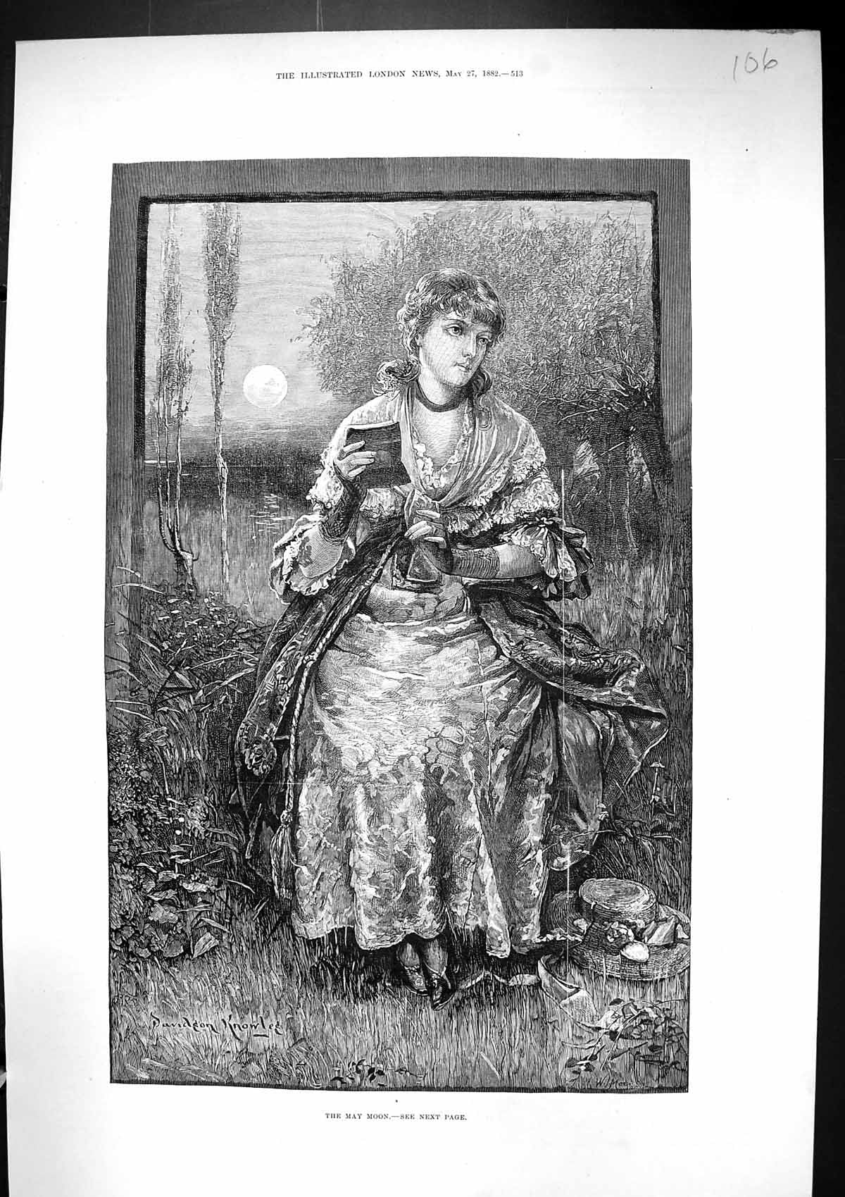Antique Old Print 1882 Davidson Knowles May Moon Beautiful Lady Reading Book
