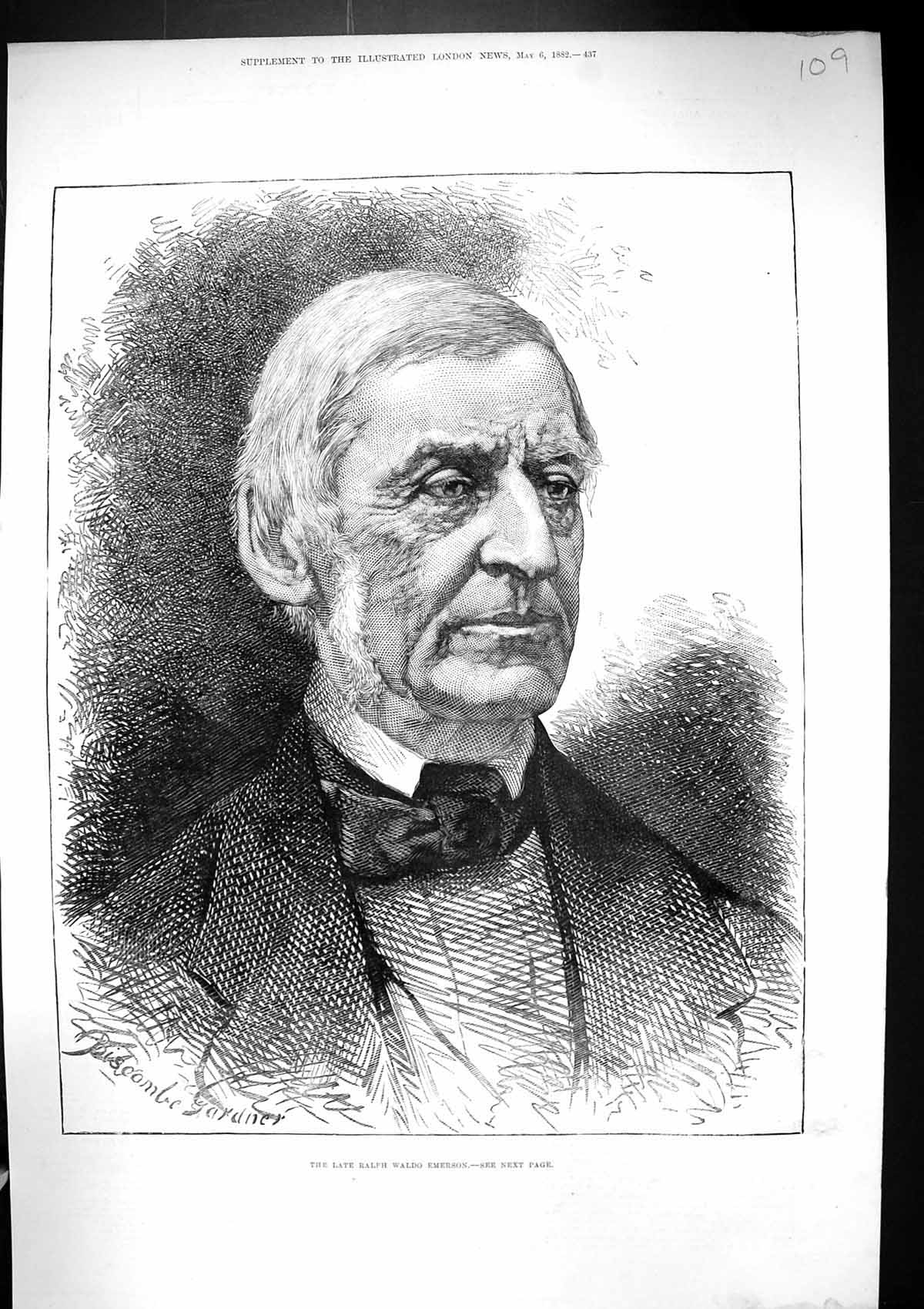 Antique Old Print 1882 Portrait Ralph Waldo Emerson American Writer Gardner