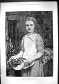 Original Old Antique Print 1882 Rabbit Hutch Little Girl Gardner Kate Perugini