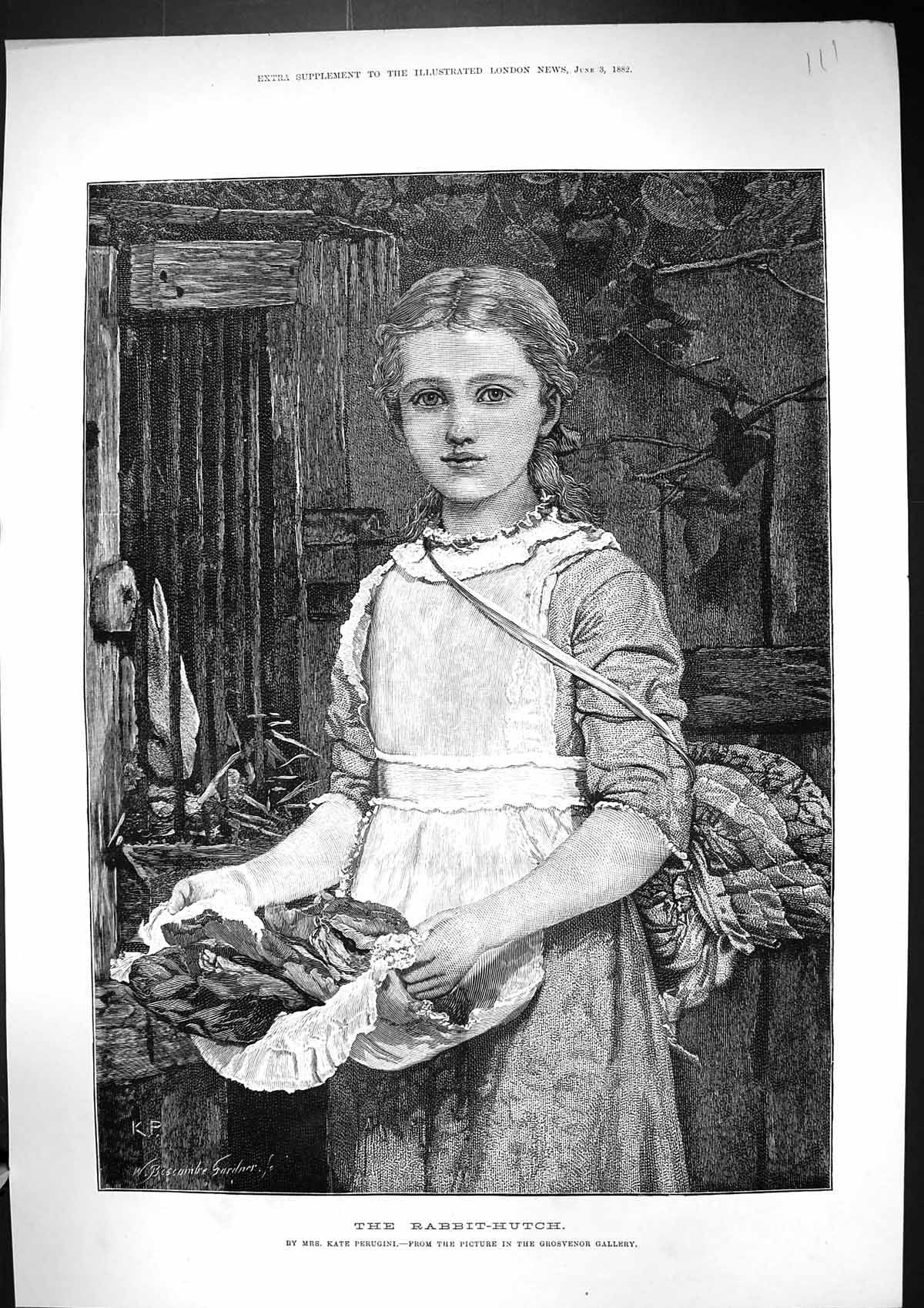 Original Old Antique Print 1882 Rabbit Hutch Little Girl Gardner Kate Perugini