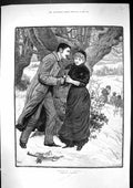 Old 1883 Striking Match Man Smoking Pipe Lady Romance Snow M'Cutcheon Victorian