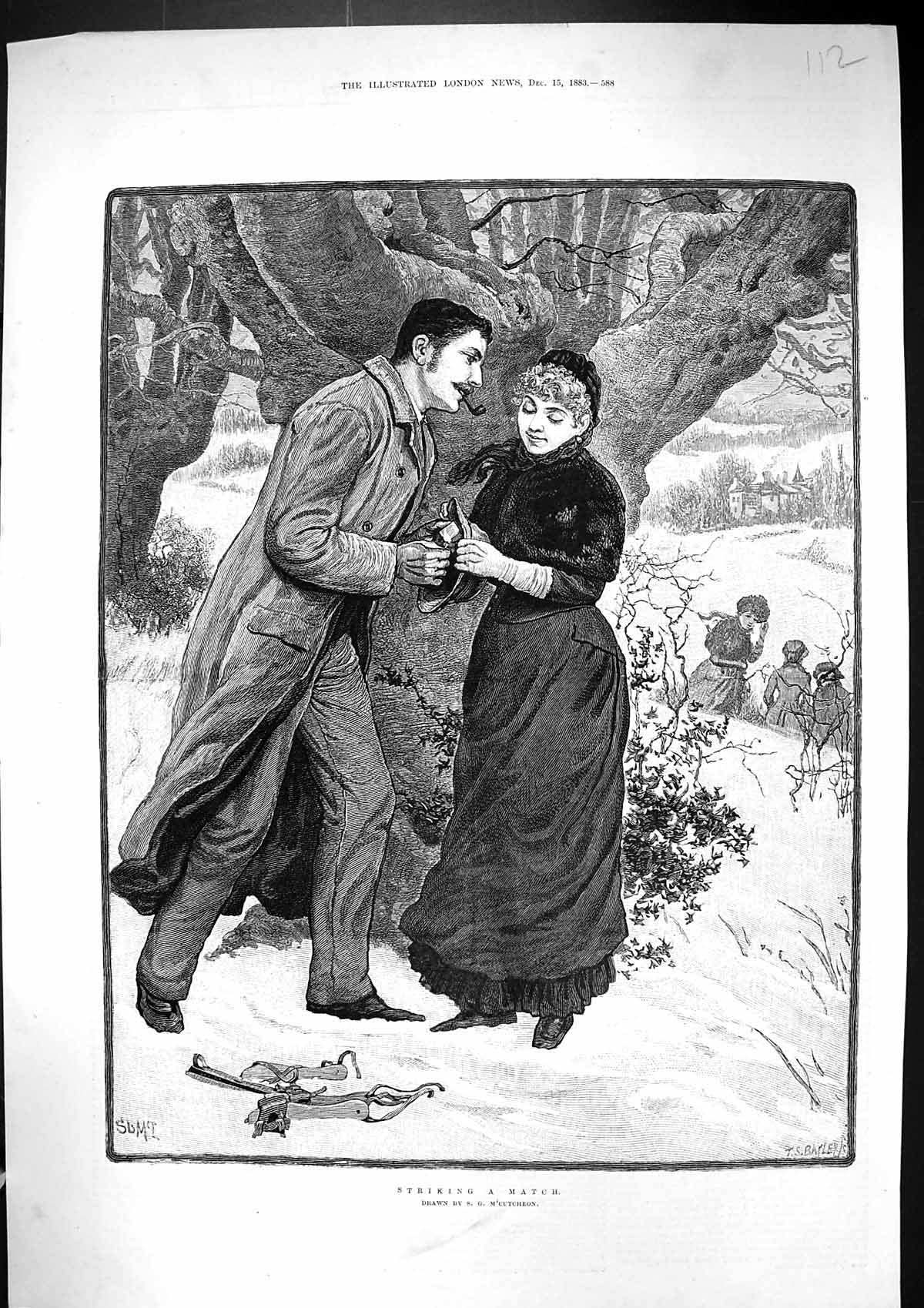Old 1883 Striking Match Man Smoking Pipe Lady Romance Snow M'Cutcheon Victorian