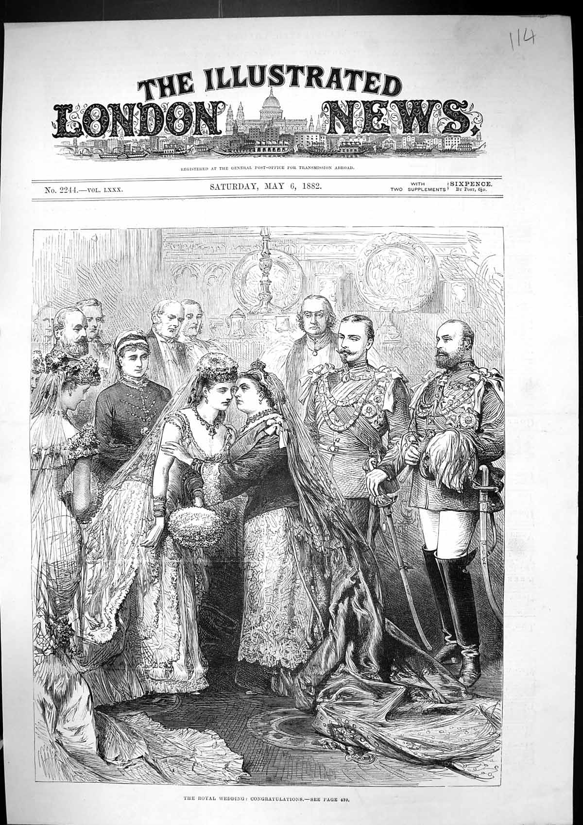 Old 1882 Royal Wedding Congratulations Scene Family Prince Queen Vict Victorian