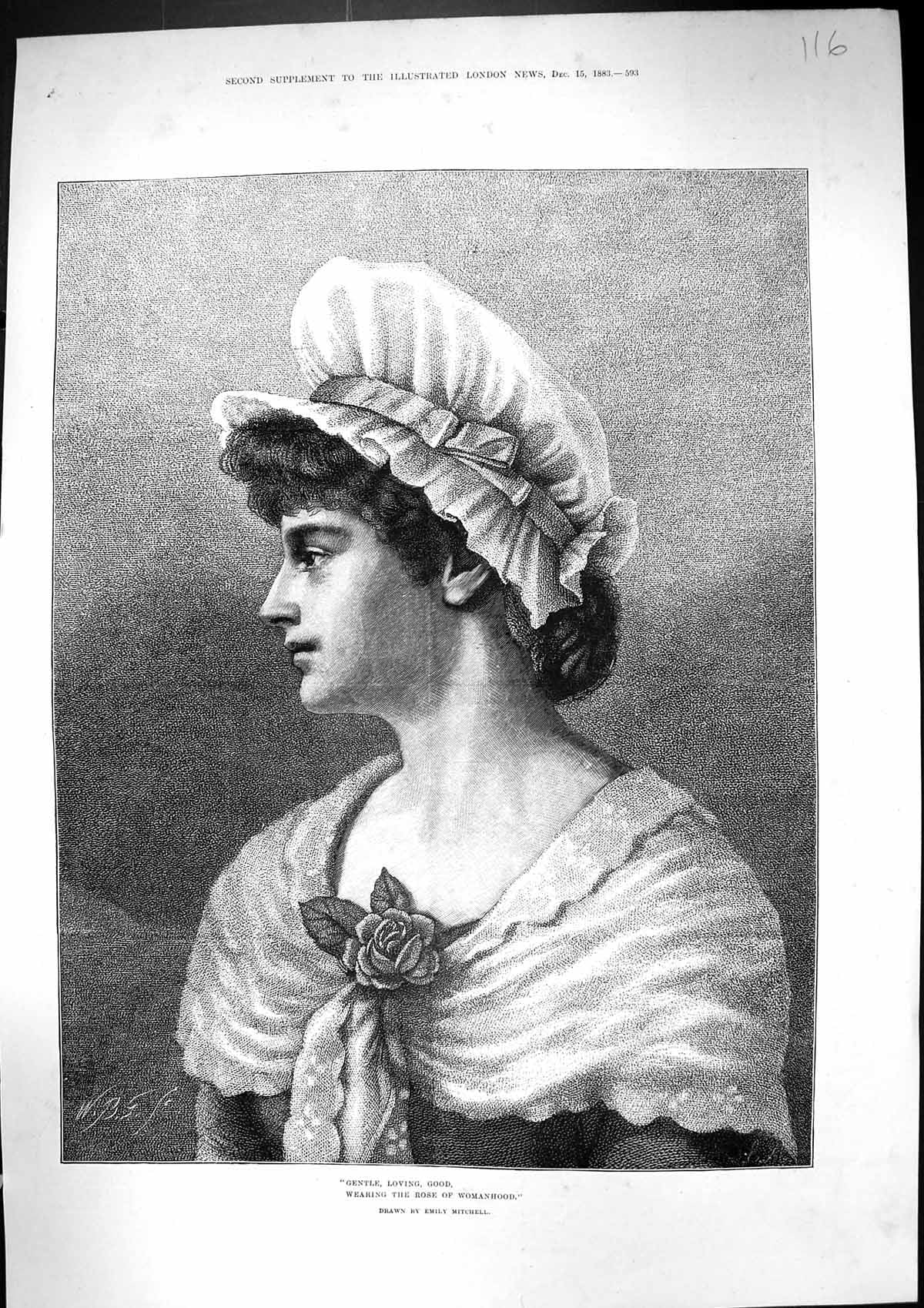 Old 1882 Gentle Loving Good Beautiful Lady Wearing Rose Womanhood Emi Victorian