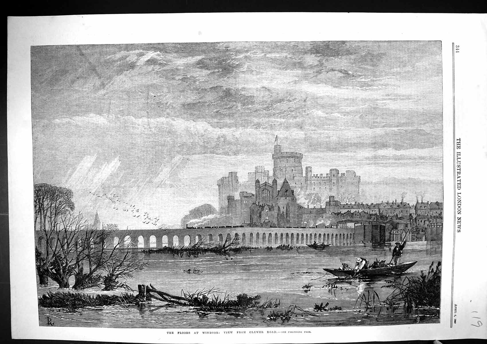 Old 1867 Floods Windsor Castle London River Thames Clewer Road Railwa Victorian