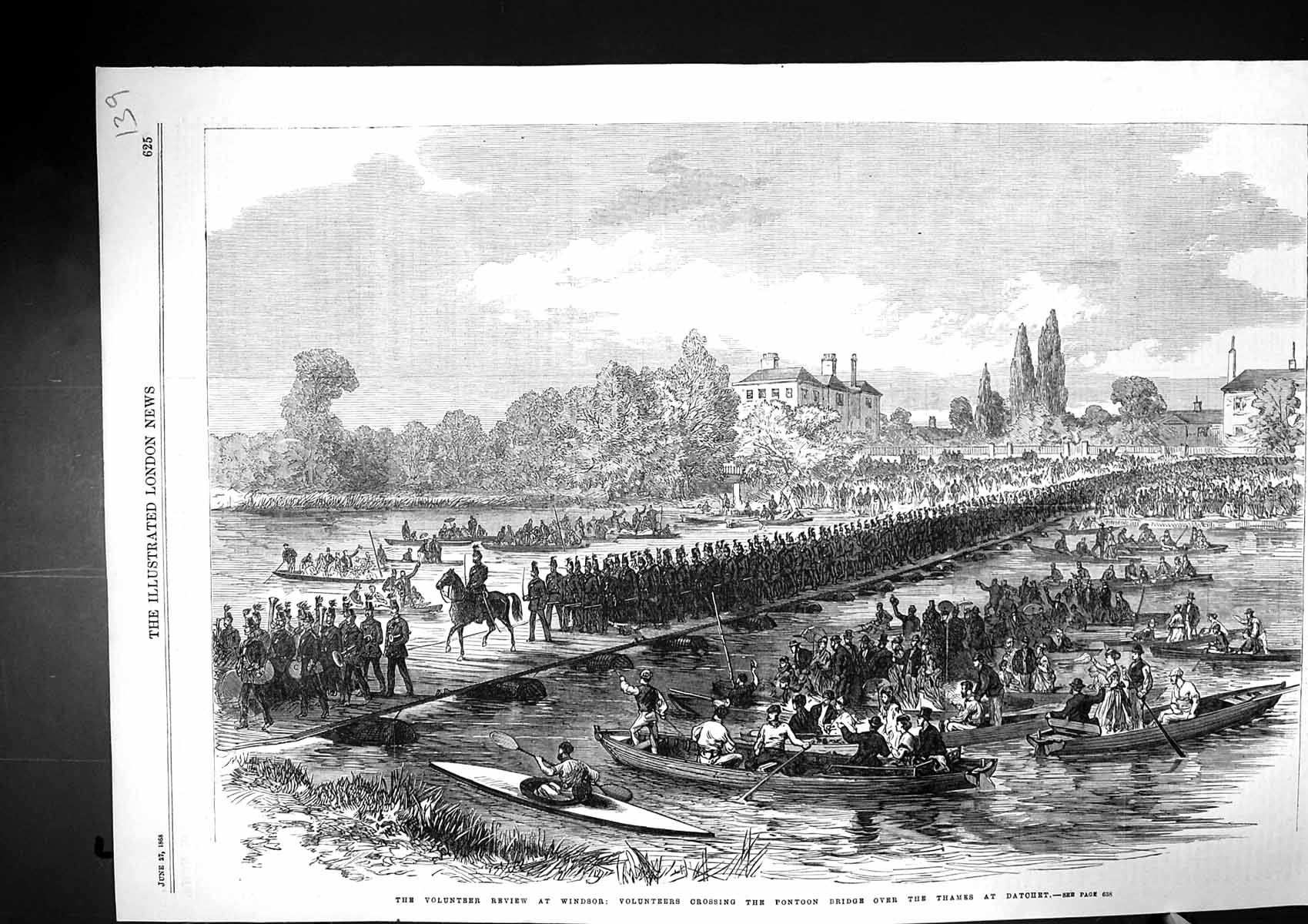 Old 1868 Volunteer Review Windsor Crossing Pontoon Bridge River Thame Victorian