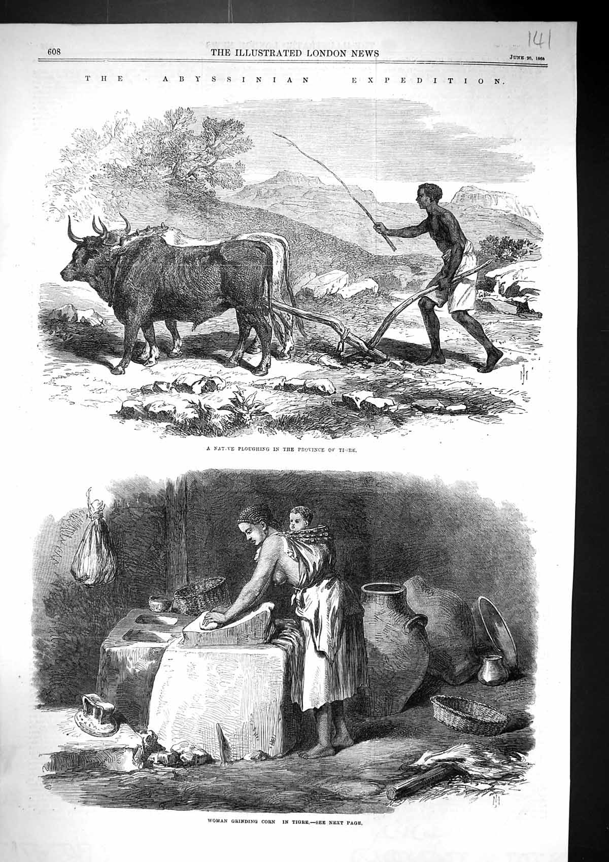 Old 1868 Abyssinia Expedition Native Ploughing Tigre Woman Grinding C Victorian