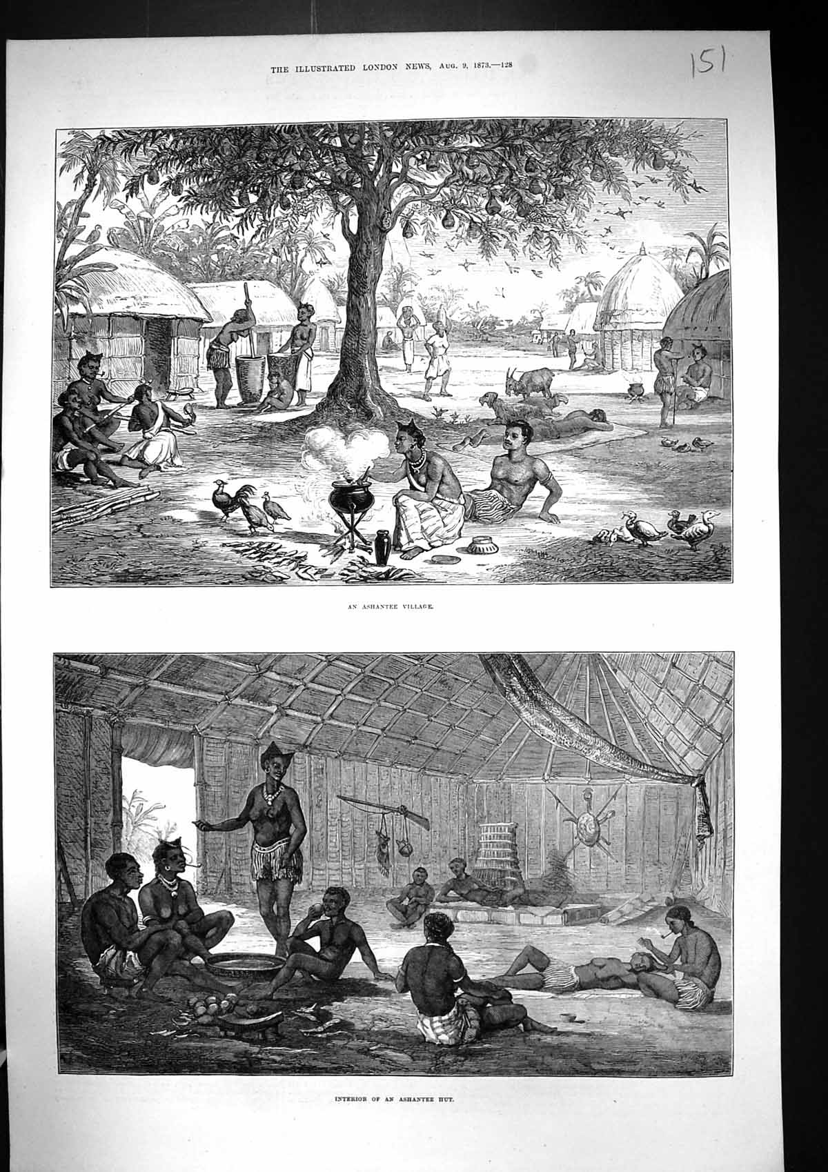 Old Antique Print 1873 Ashantee Village Interior Hut Africa Native People 19th