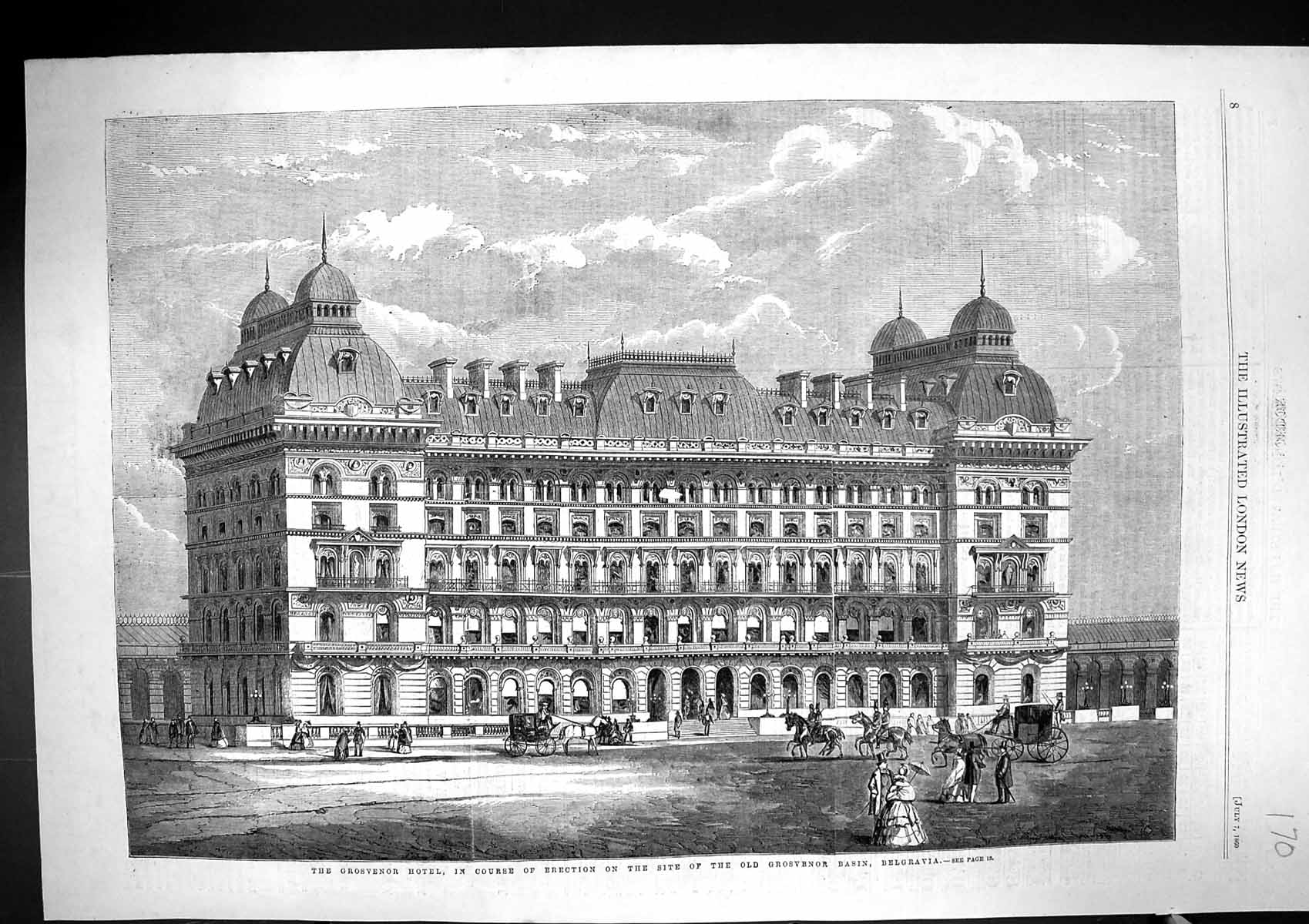 Original Old Antique Print 1860 Grosvenor Hotel Architecture Basin Belgravia