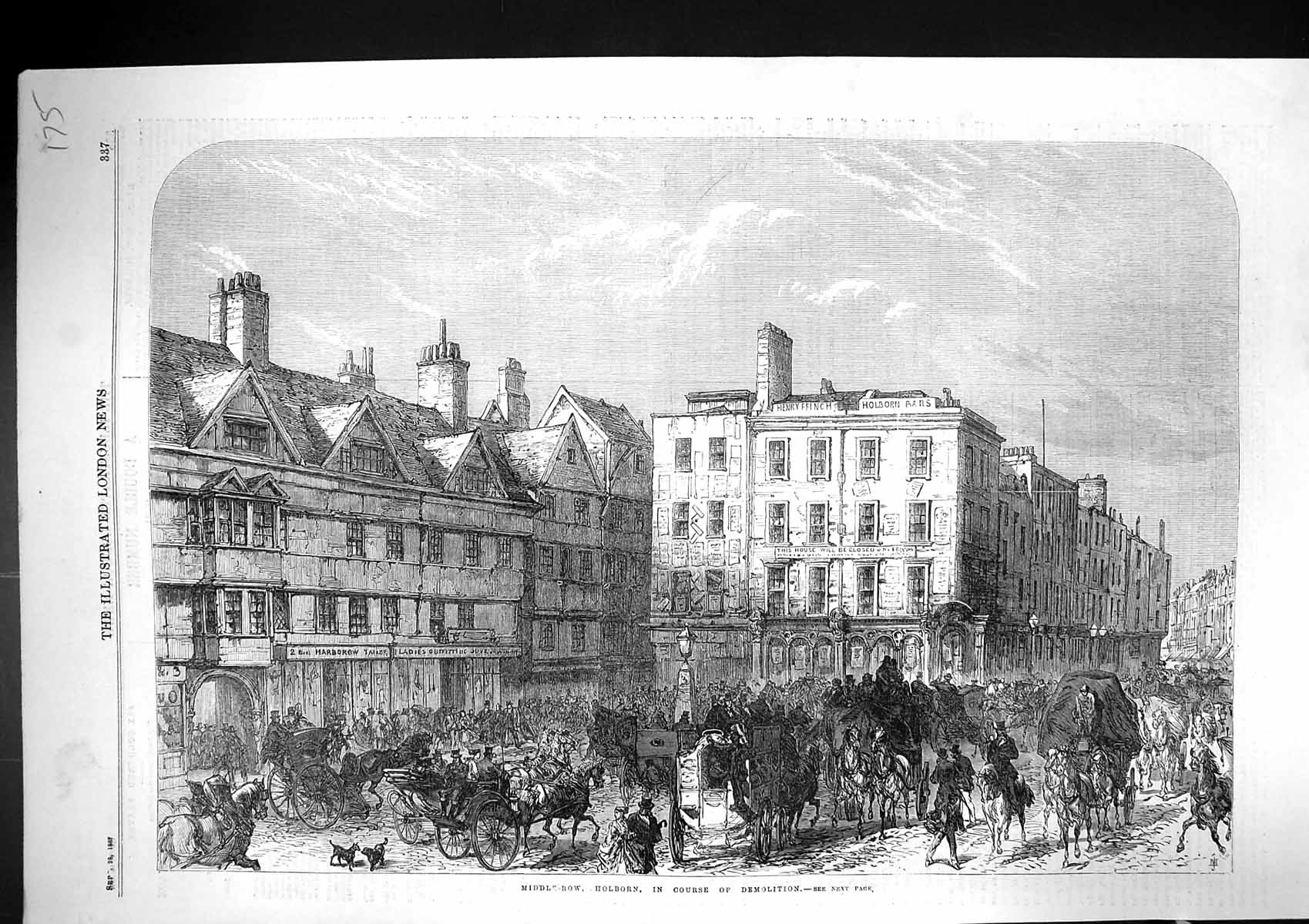 Original Old Antique Print 1867 Middle Row Holborn Demolition Buildings London