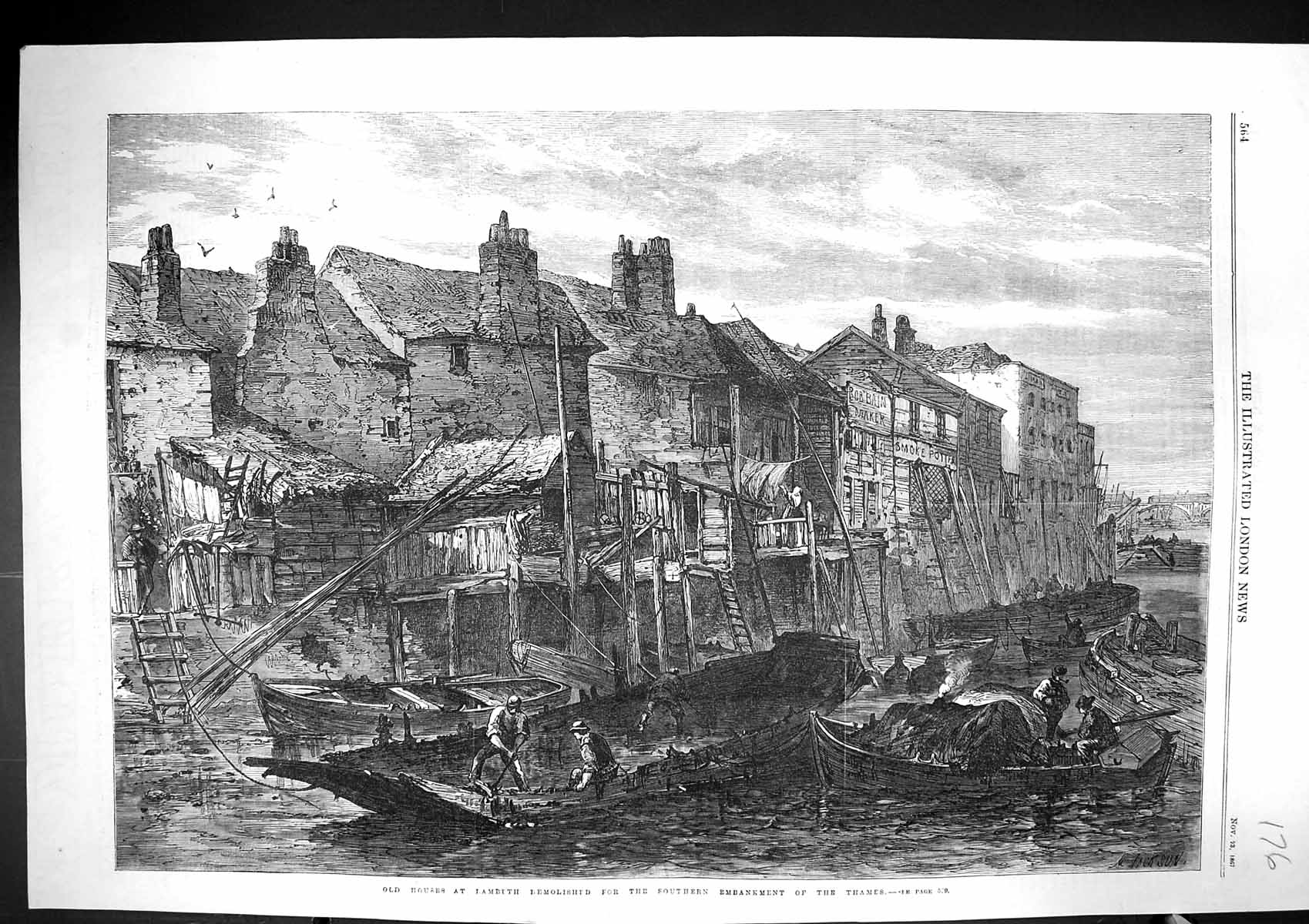 Antique Print 1867 Houses Lambeth Demolishing Southern Embankment River Tha