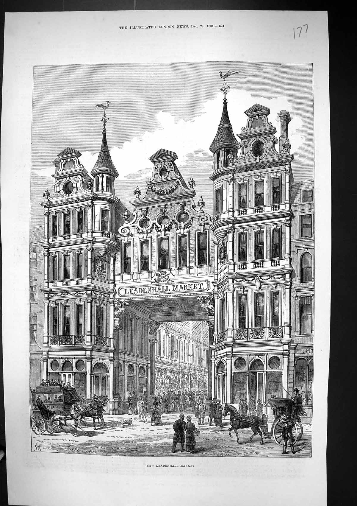 Antique Old Print 1881 New Leadenhall Market Buildings Architecture London 19th