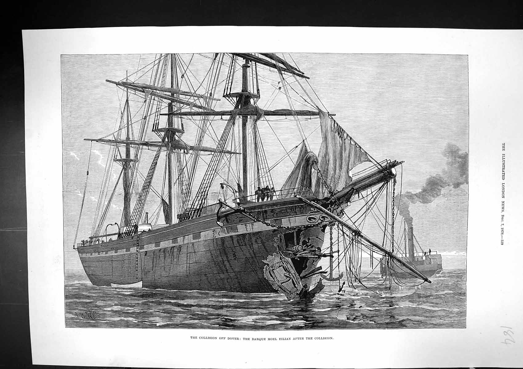 Original Old Antique Print 1878 Collision Dover Ships Barque Moel Eillan 19th