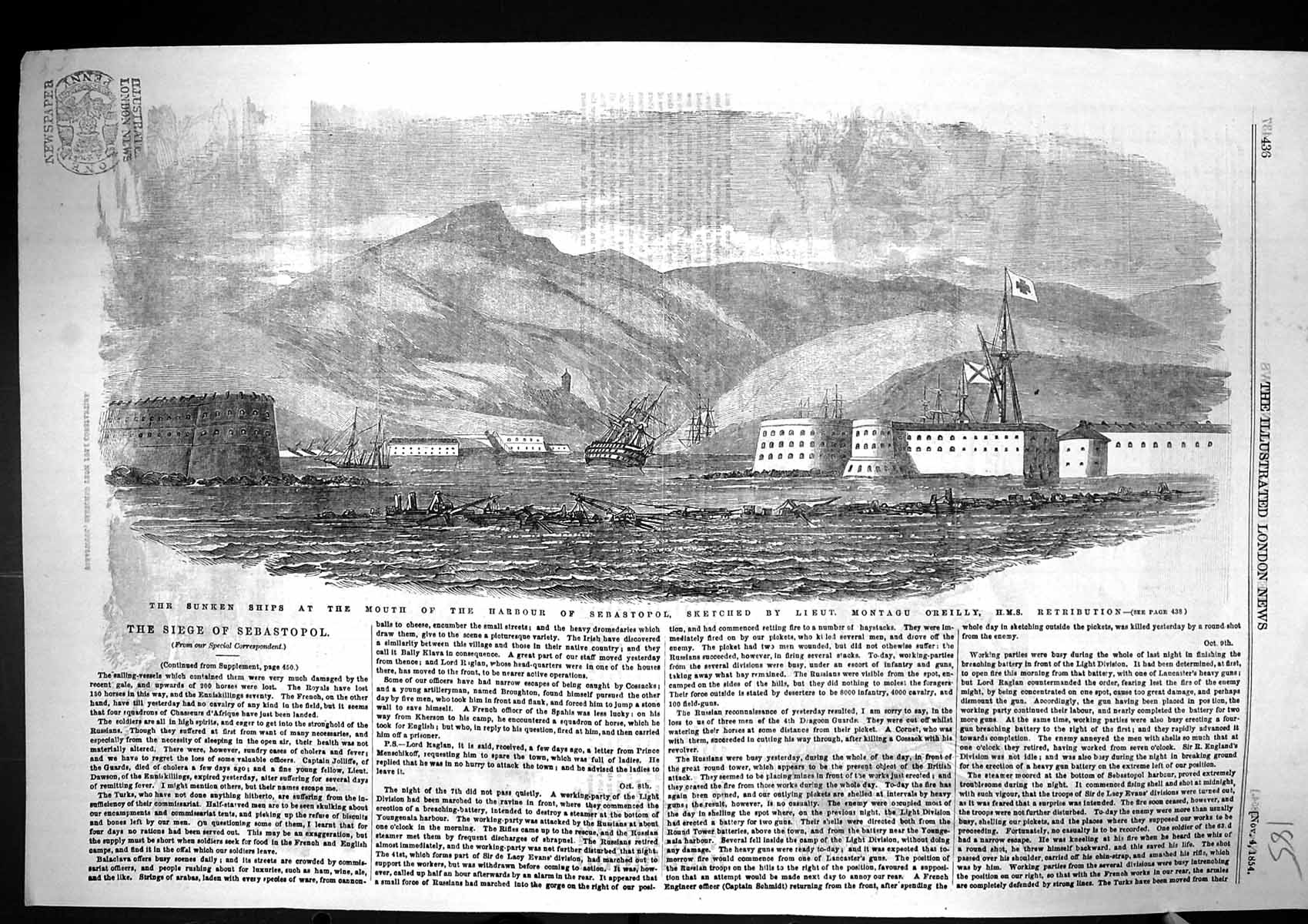 Old 1854 Sunken Ships Harbour Sebastopol War Mountains Montagu O'Reil Victorian