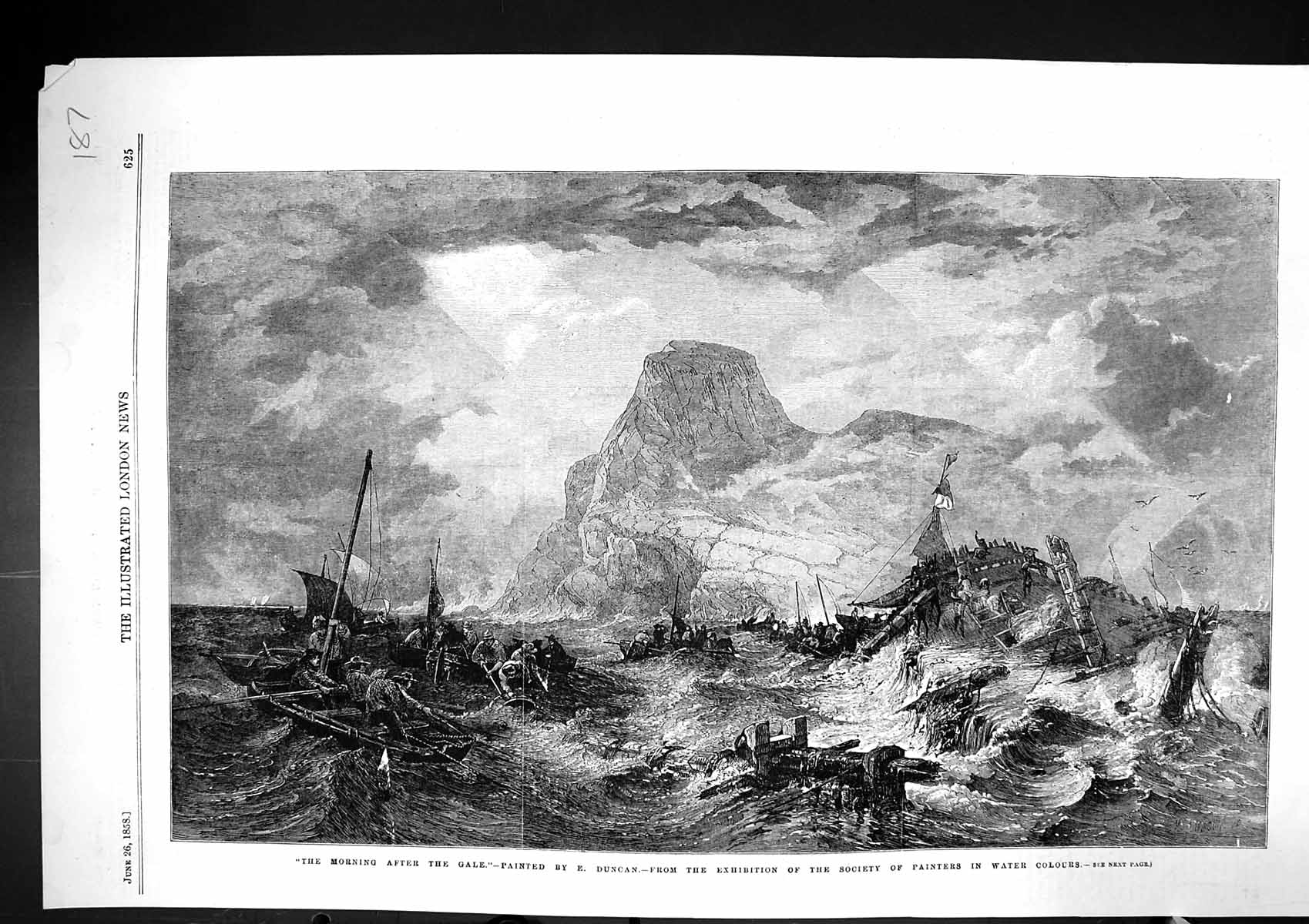 Antique Old Print 1858 Ship Wreck Sea Storm Gale Boats Cliffs Fine Art Duncan
