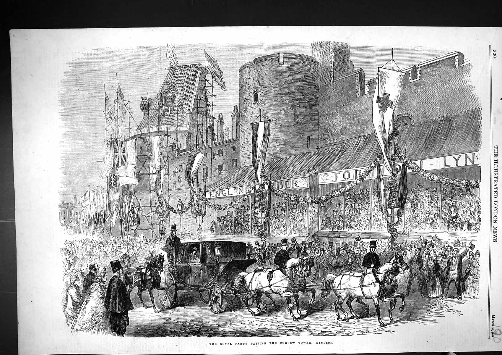 Old Print 1863 Royal Party Procession Curfew Tower Windsor Castle London 19th