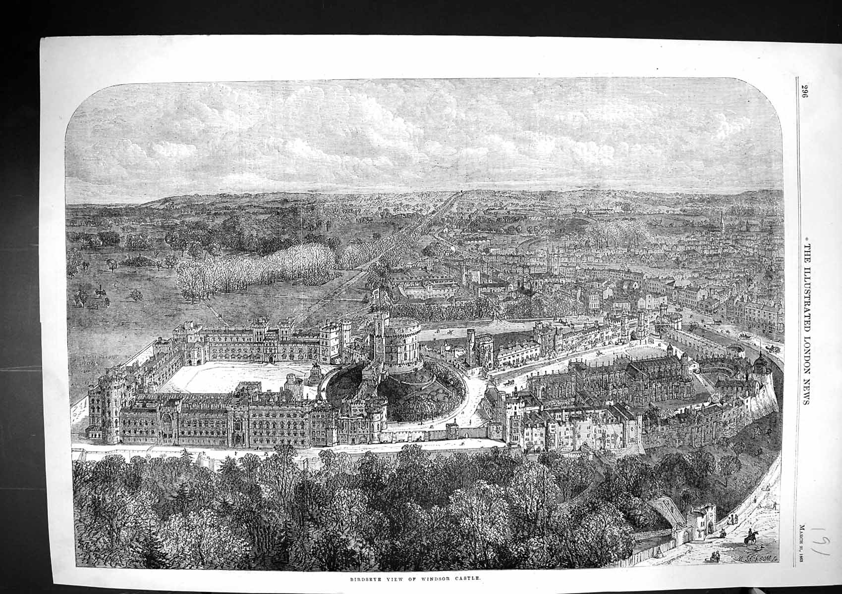 Antique Print 1863 Birdseye View Windsor Castle London England Royal Family