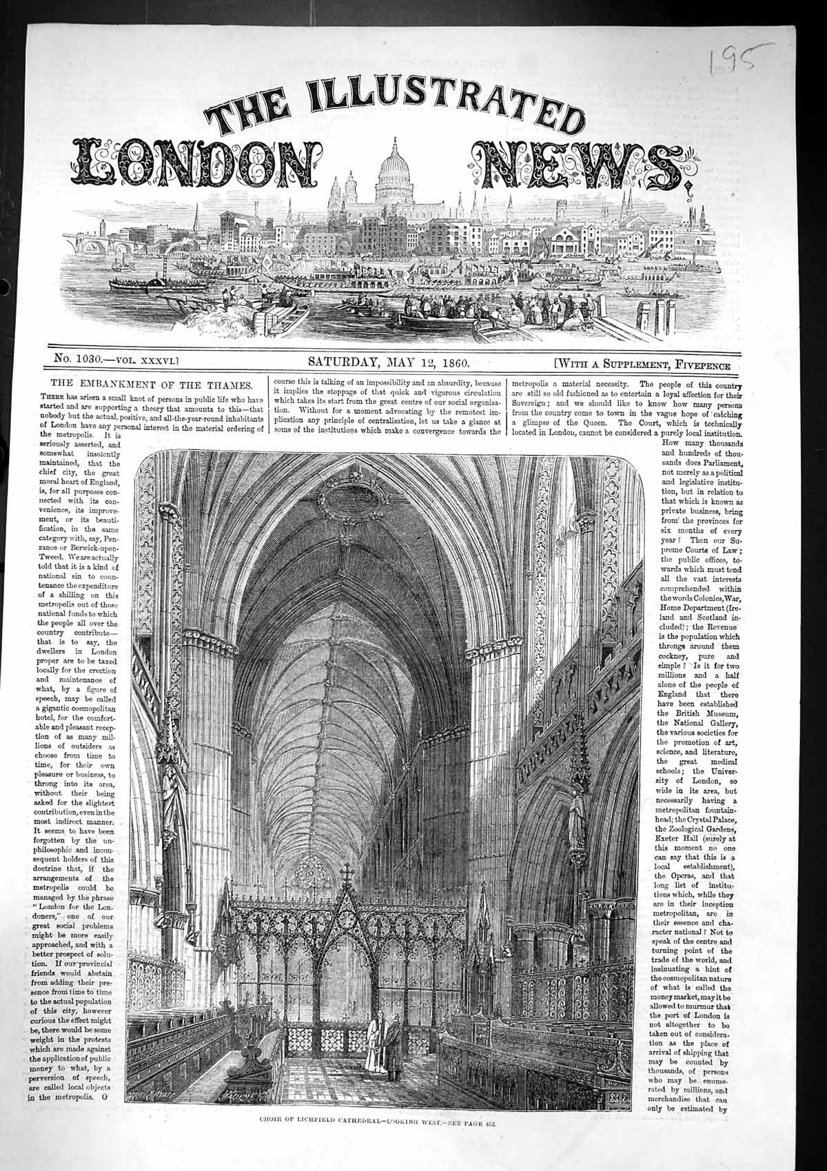 Original Old Antique Print 1860 Interior Choir Lichfield Cathedral Architecture