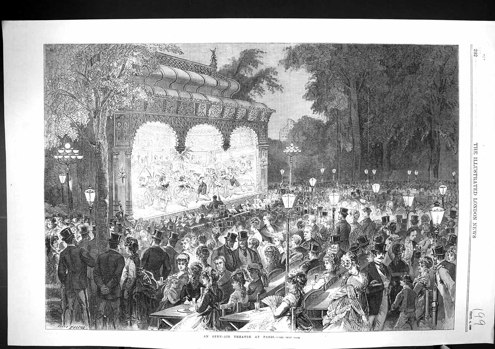 Original Old Antique Print 1869 Open-Air Theatre Paris France Audience 19th